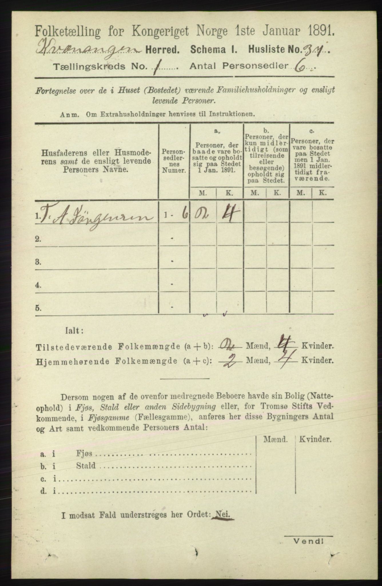 RA, 1891 census for 1943 Kvænangen, 1891, p. 51