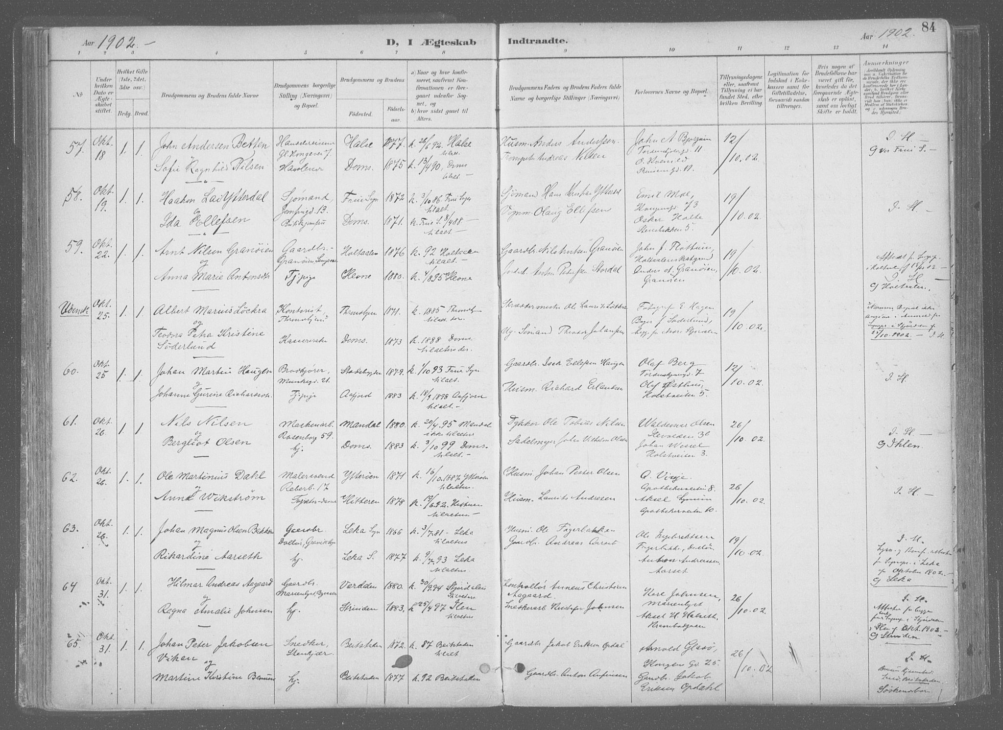 Ministerialprotokoller, klokkerbøker og fødselsregistre - Sør-Trøndelag, AV/SAT-A-1456/601/L0064: Parish register (official) no. 601A31, 1891-1911, p. 84