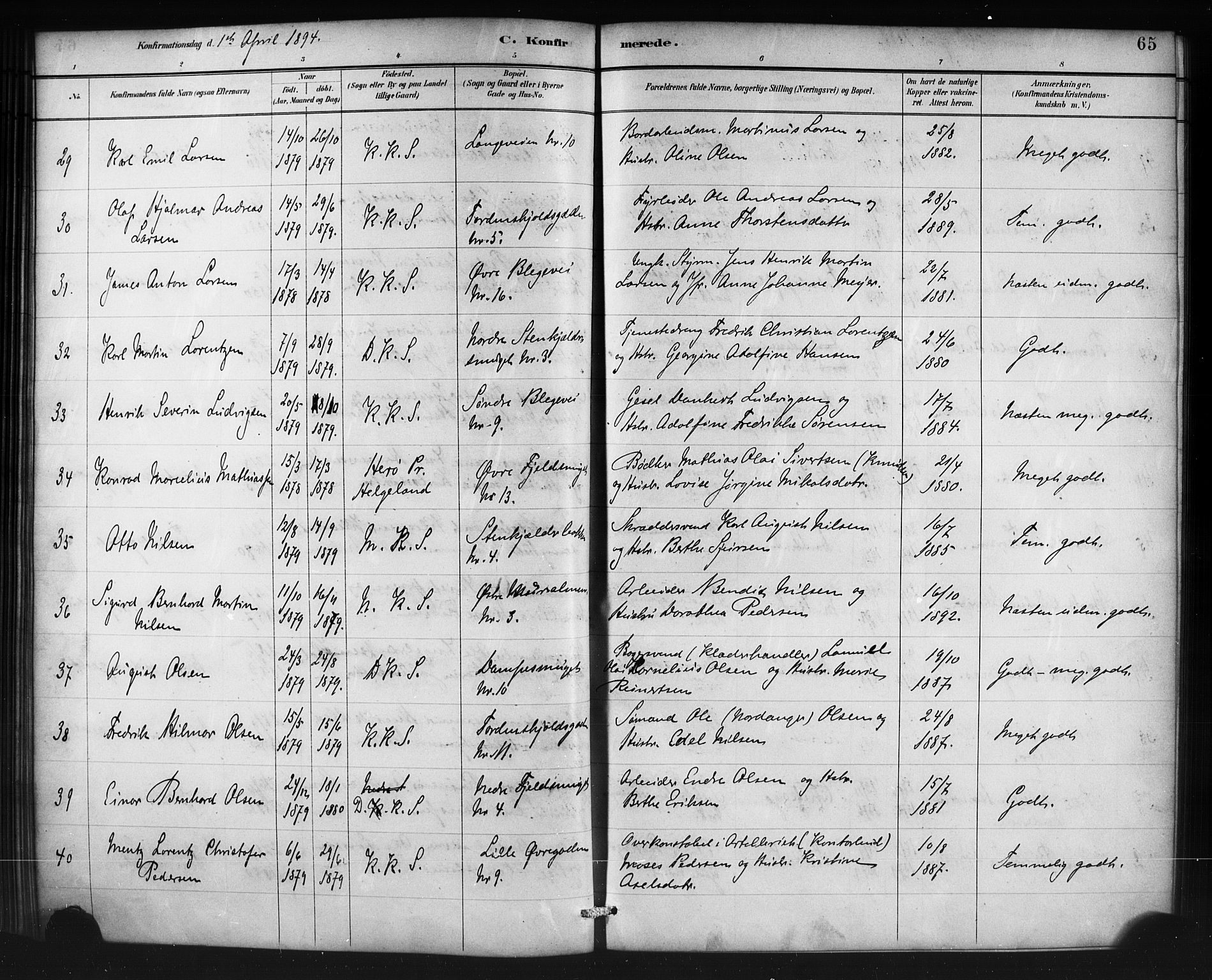 Korskirken sokneprestembete, SAB/A-76101/H/Haa/L0071: Curate's parish register no. A 6, 1885-1912, p. 65