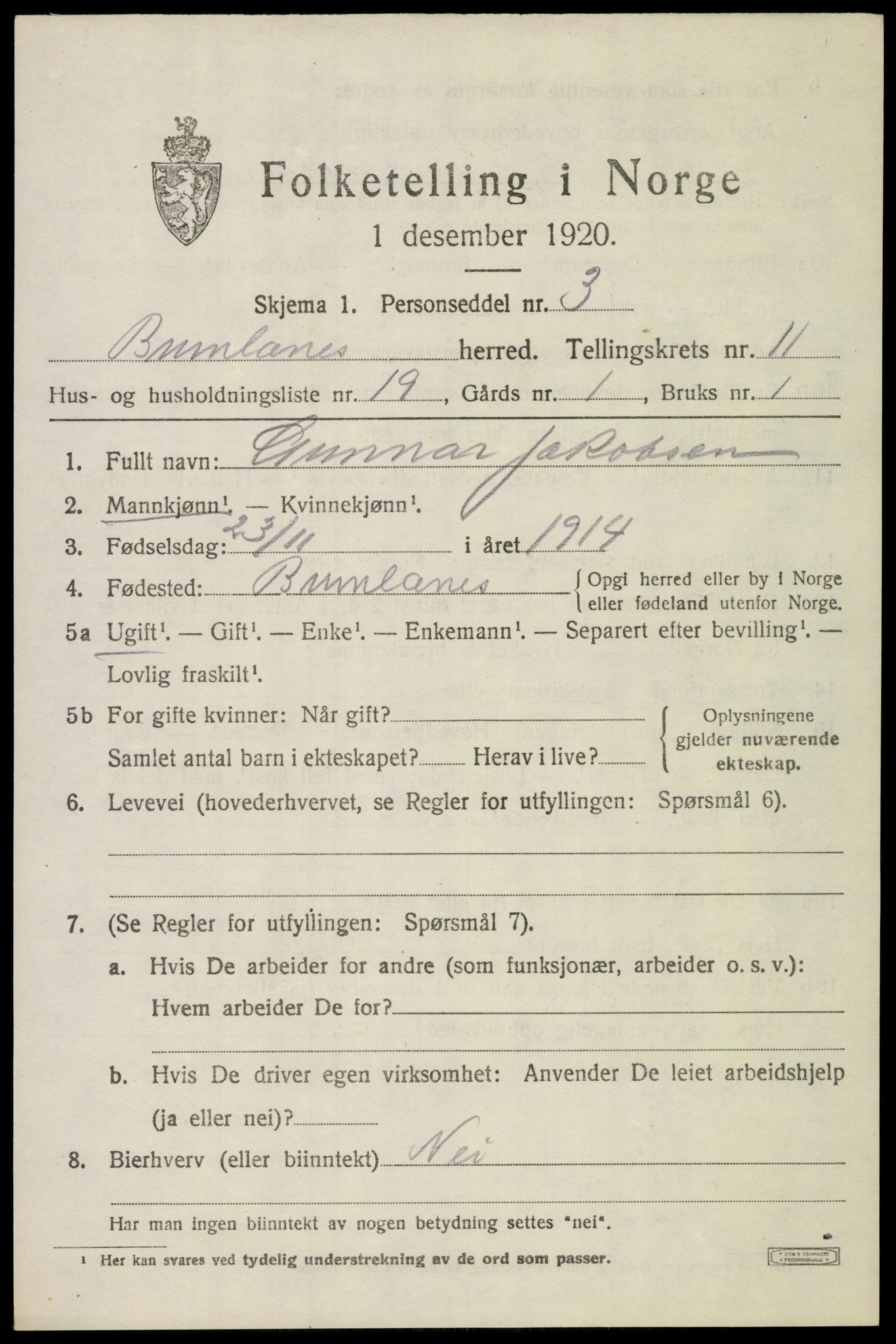 SAKO, 1920 census for Brunlanes, 1920, p. 9747