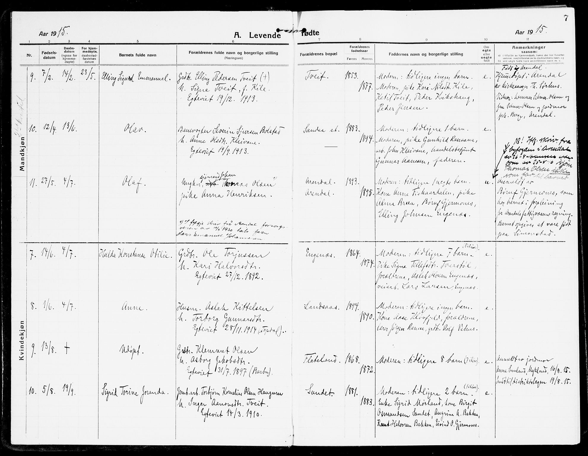 Åmli sokneprestkontor, AV/SAK-1111-0050/F/Fa/Fac/L0013: Parish register (official) no. A 13, 1914-1933, p. 7