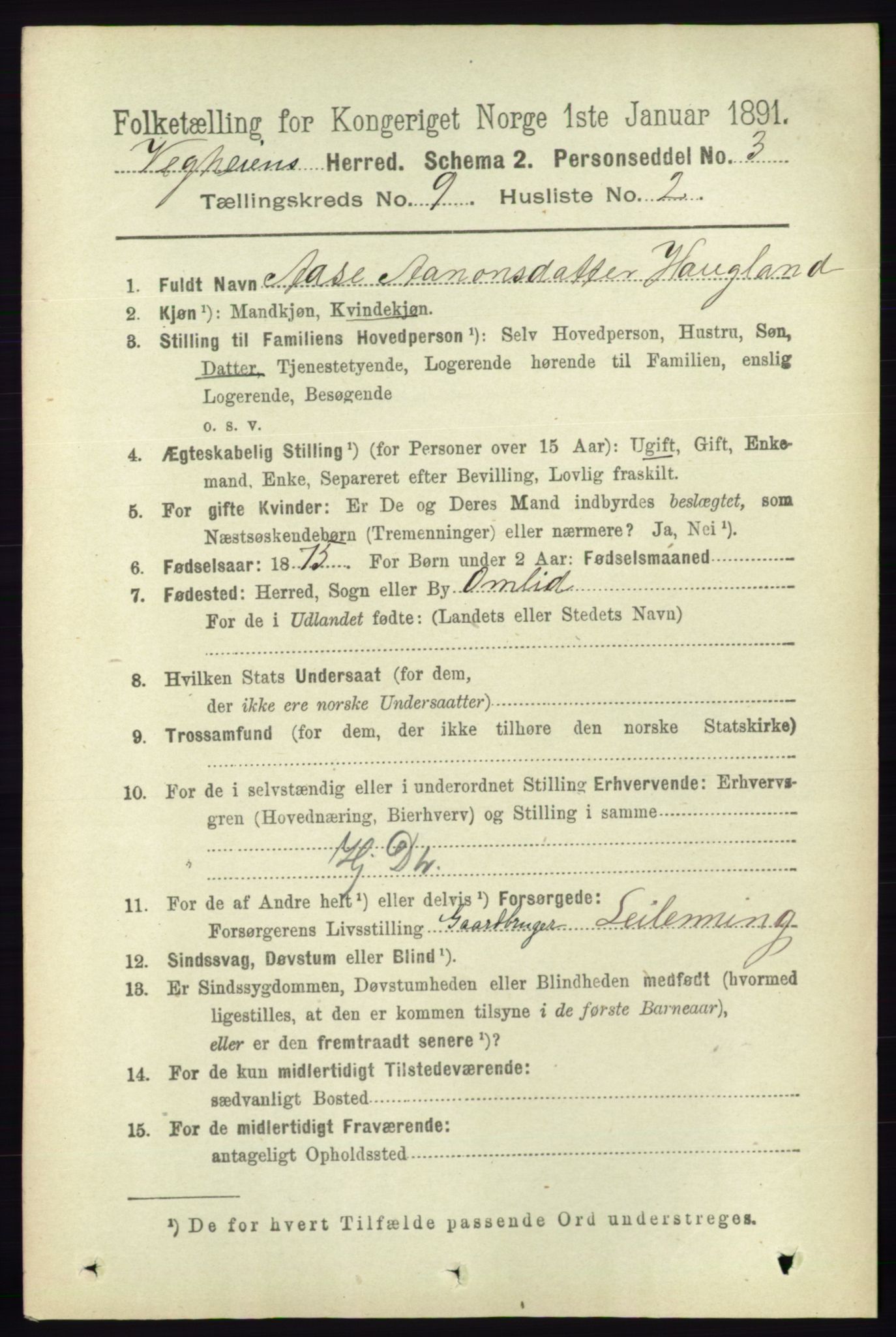 RA, 1891 census for 0912 Vegårshei, 1891, p. 1741