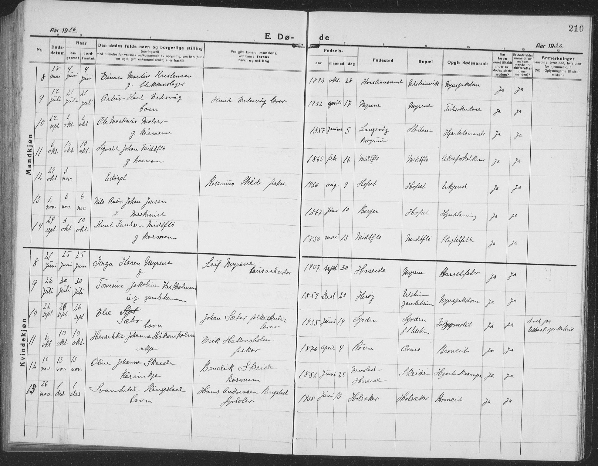 Ministerialprotokoller, klokkerbøker og fødselsregistre - Møre og Romsdal, SAT/A-1454/509/L0113: Parish register (copy) no. 509C03, 1923-1939, p. 210