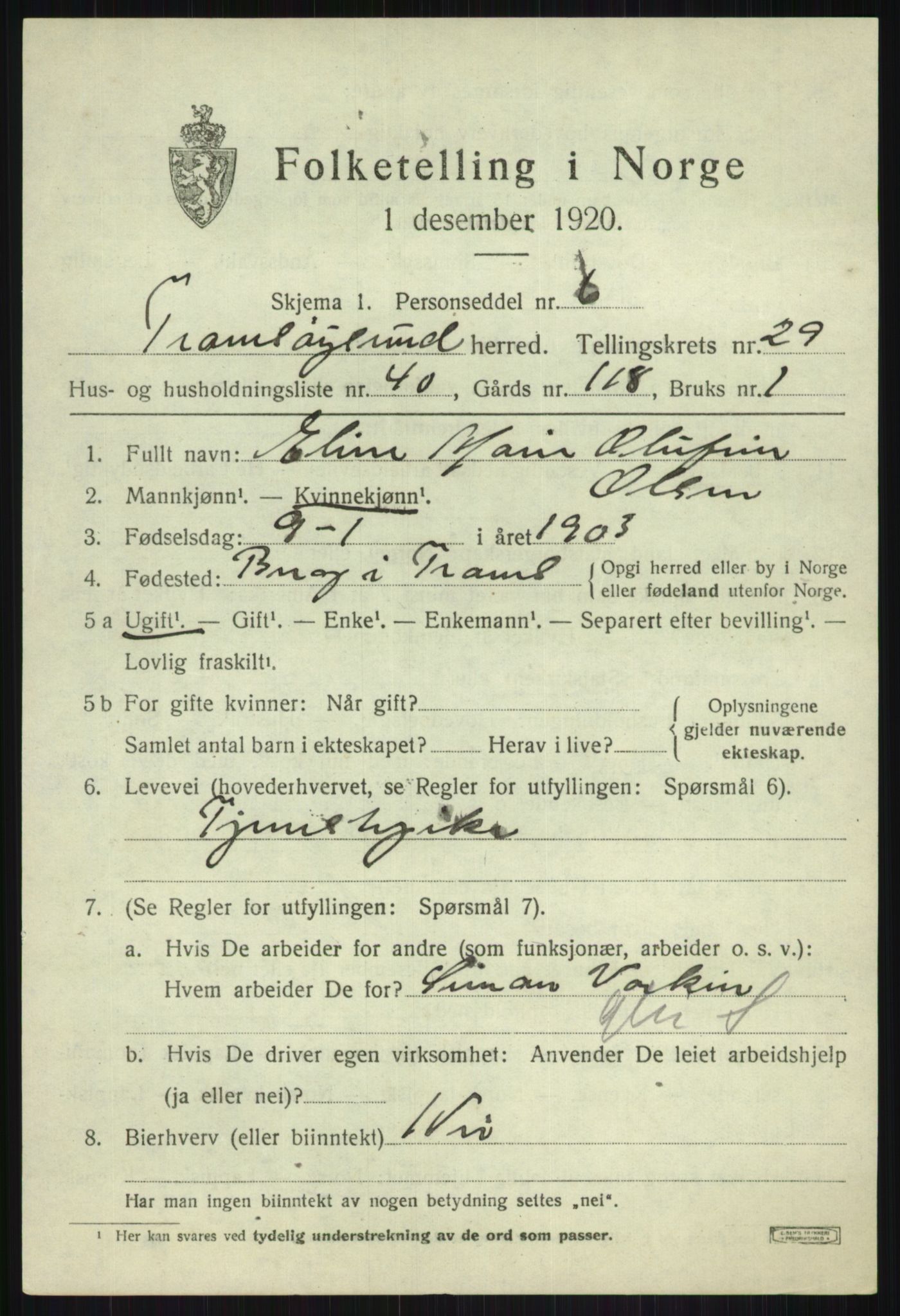 SATØ, 1920 census for Tromsøysund, 1920, p. 13840