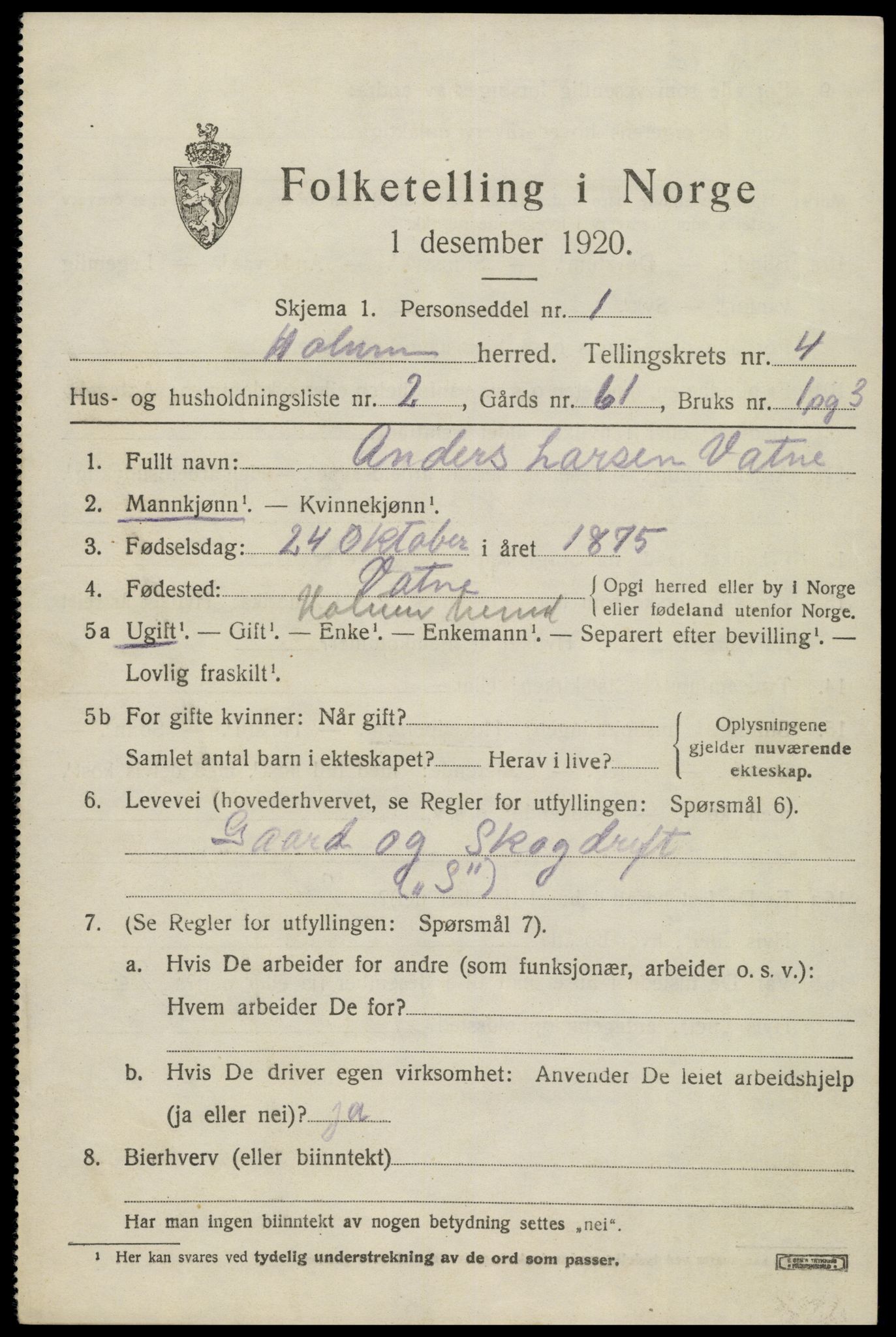 SAK, 1920 census for Holum, 1920, p. 1945