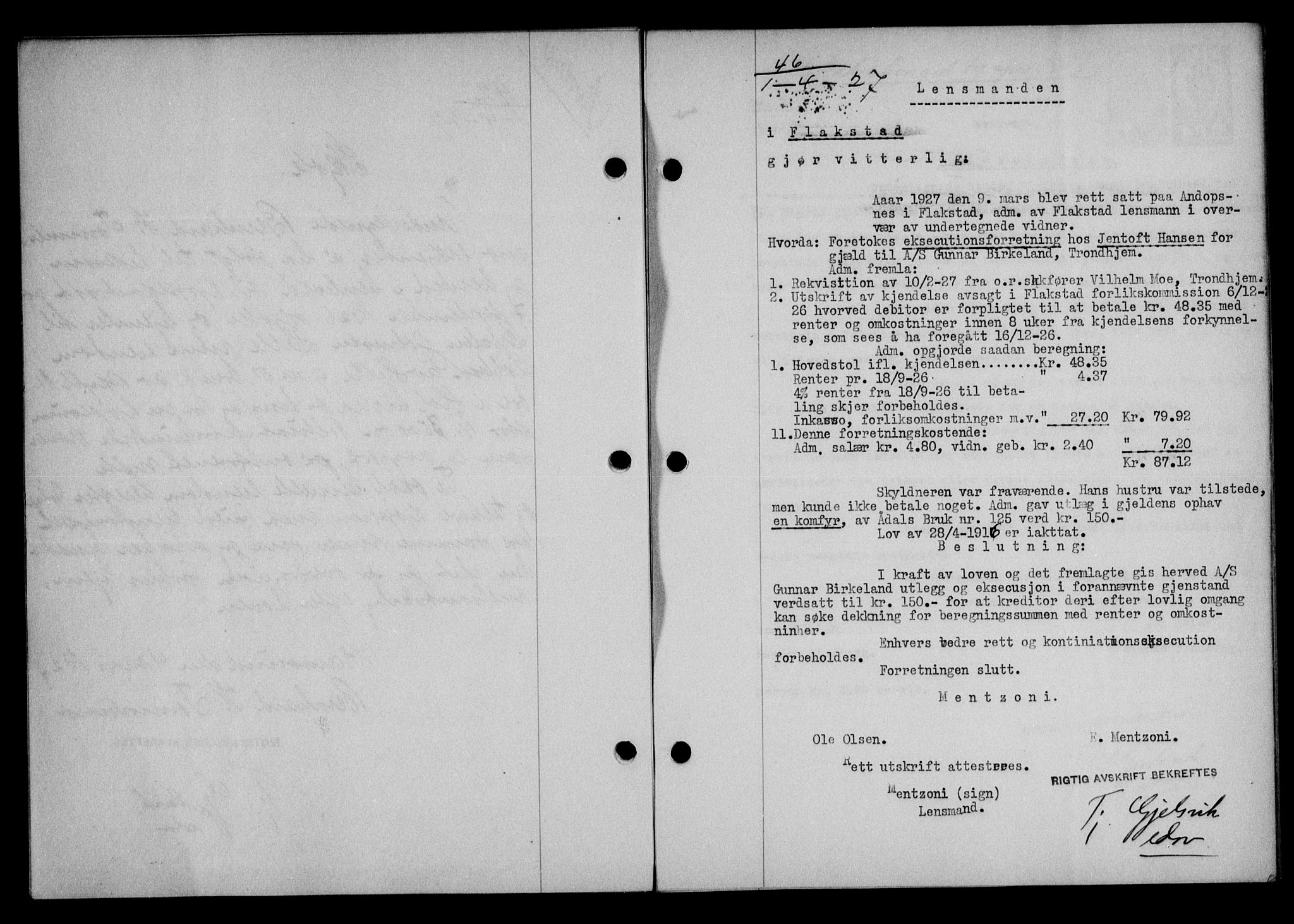 Lofoten sorenskriveri, SAT/A-0017/1/2/2C/L0015b: Mortgage book no. 15b, 1927-1927, Deed date: 01.04.1927