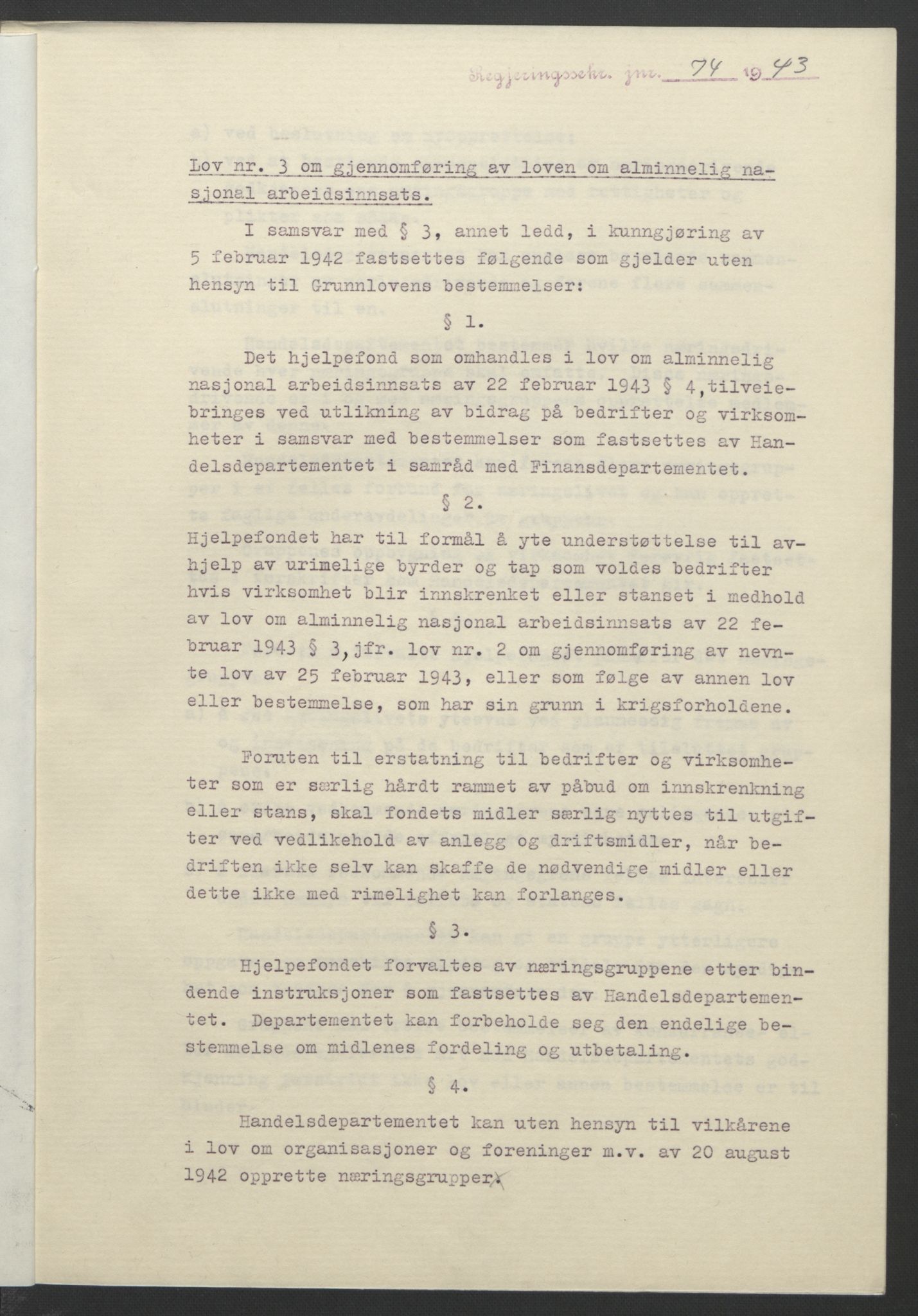 NS-administrasjonen 1940-1945 (Statsrådsekretariatet, de kommisariske statsråder mm), AV/RA-S-4279/D/Db/L0099: Lover, 1943, p. 170