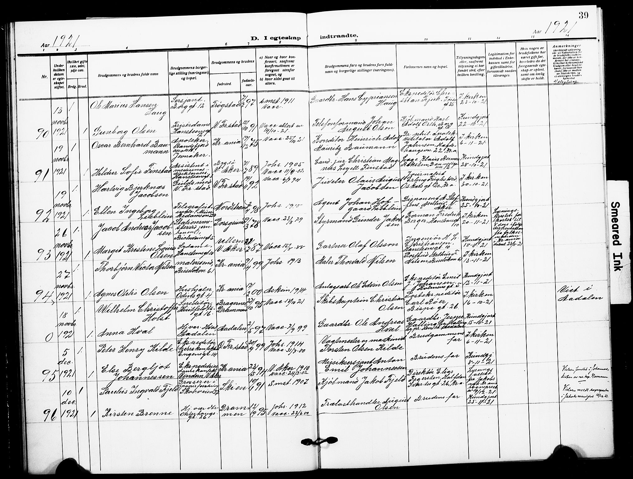 Johannes prestekontor Kirkebøker, SAO/A-10852/F/Fa/L0013: Parish register (official) no. 13, 1919-1930, p. 39