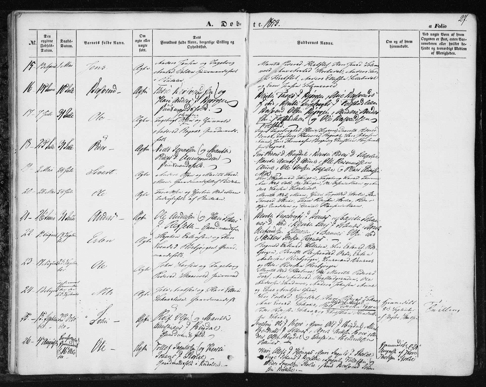 Ministerialprotokoller, klokkerbøker og fødselsregistre - Sør-Trøndelag, SAT/A-1456/687/L1000: Parish register (official) no. 687A06, 1848-1869, p. 27