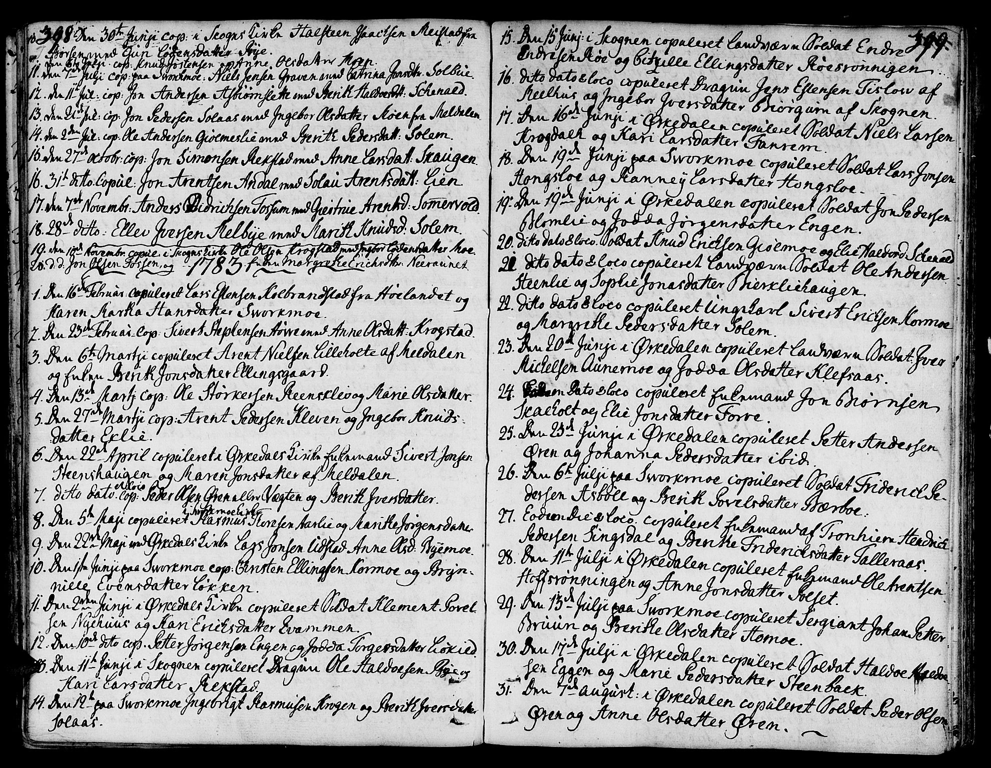 Ministerialprotokoller, klokkerbøker og fødselsregistre - Sør-Trøndelag, SAT/A-1456/668/L0802: Parish register (official) no. 668A02, 1776-1799, p. 398-399