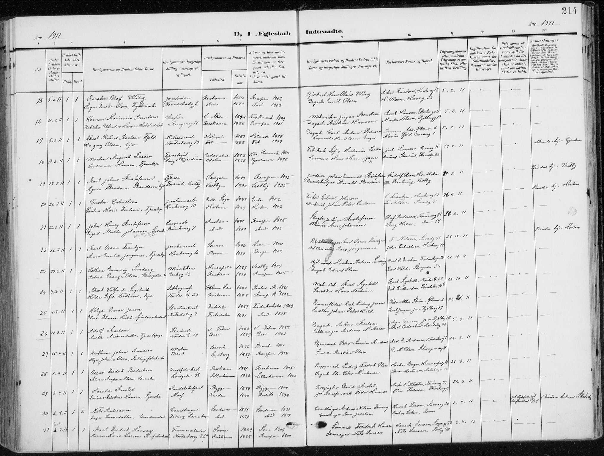 Kampen prestekontor Kirkebøker, AV/SAO-A-10853/F/Fa/L0011: Parish register (official) no. I 11, 1907-1917, p. 214