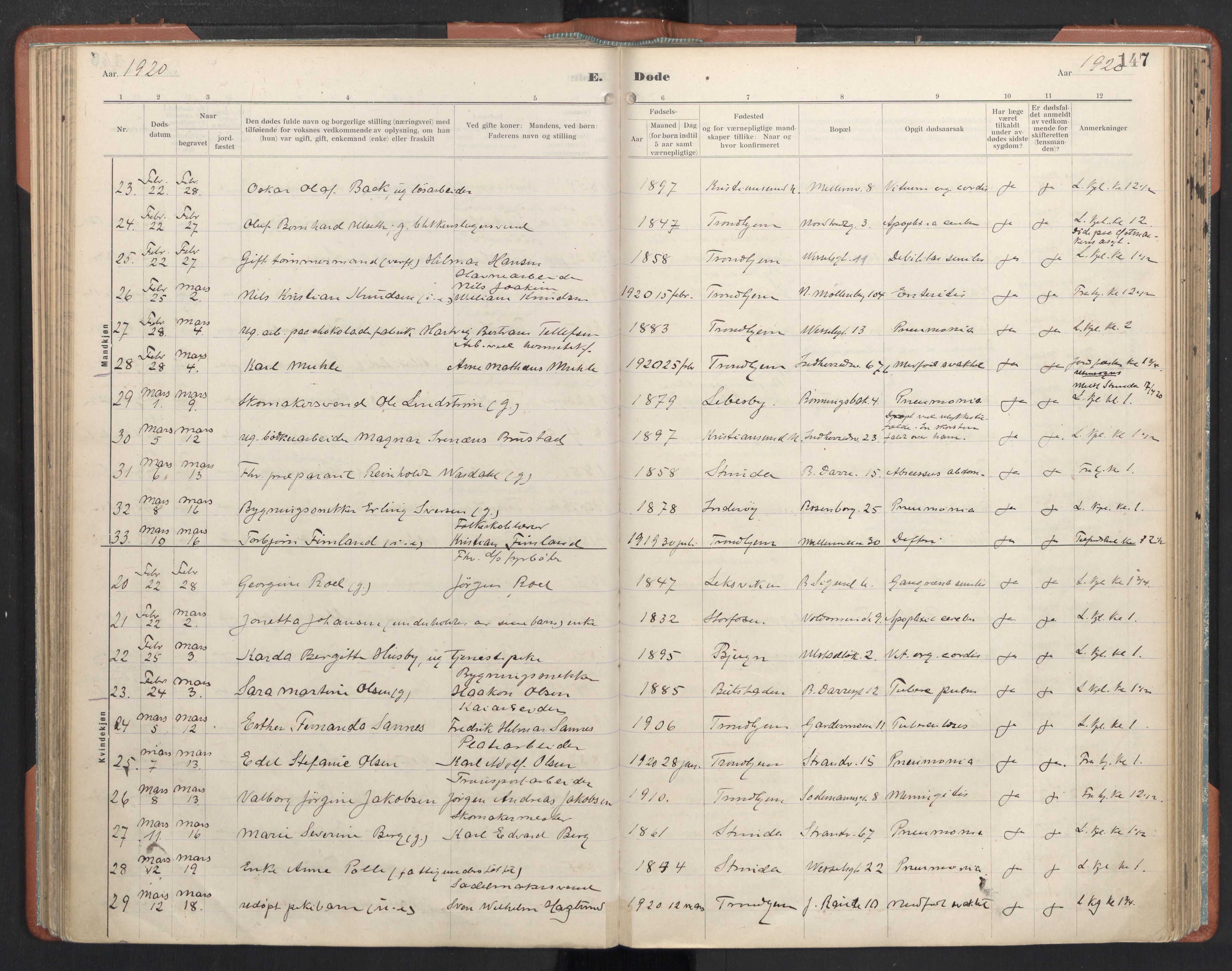 Ministerialprotokoller, klokkerbøker og fødselsregistre - Sør-Trøndelag, SAT/A-1456/605/L0245: Parish register (official) no. 605A07, 1916-1938, p. 147