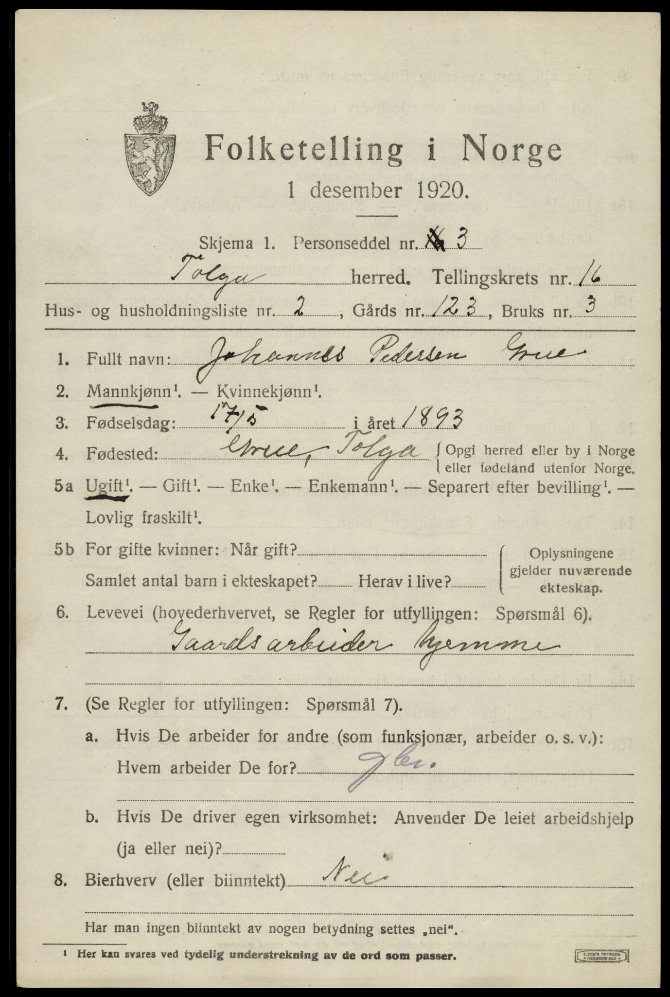 SAH, 1920 census for Tolga, 1920, p. 7389