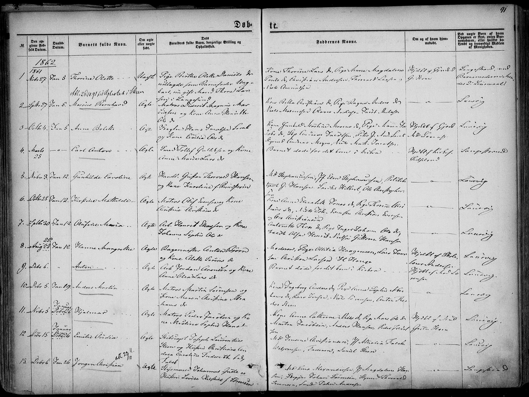 Larvik kirkebøker, SAKO/A-352/F/Fa/L0004: Parish register (official) no. I 4, 1856-1870, p. 91