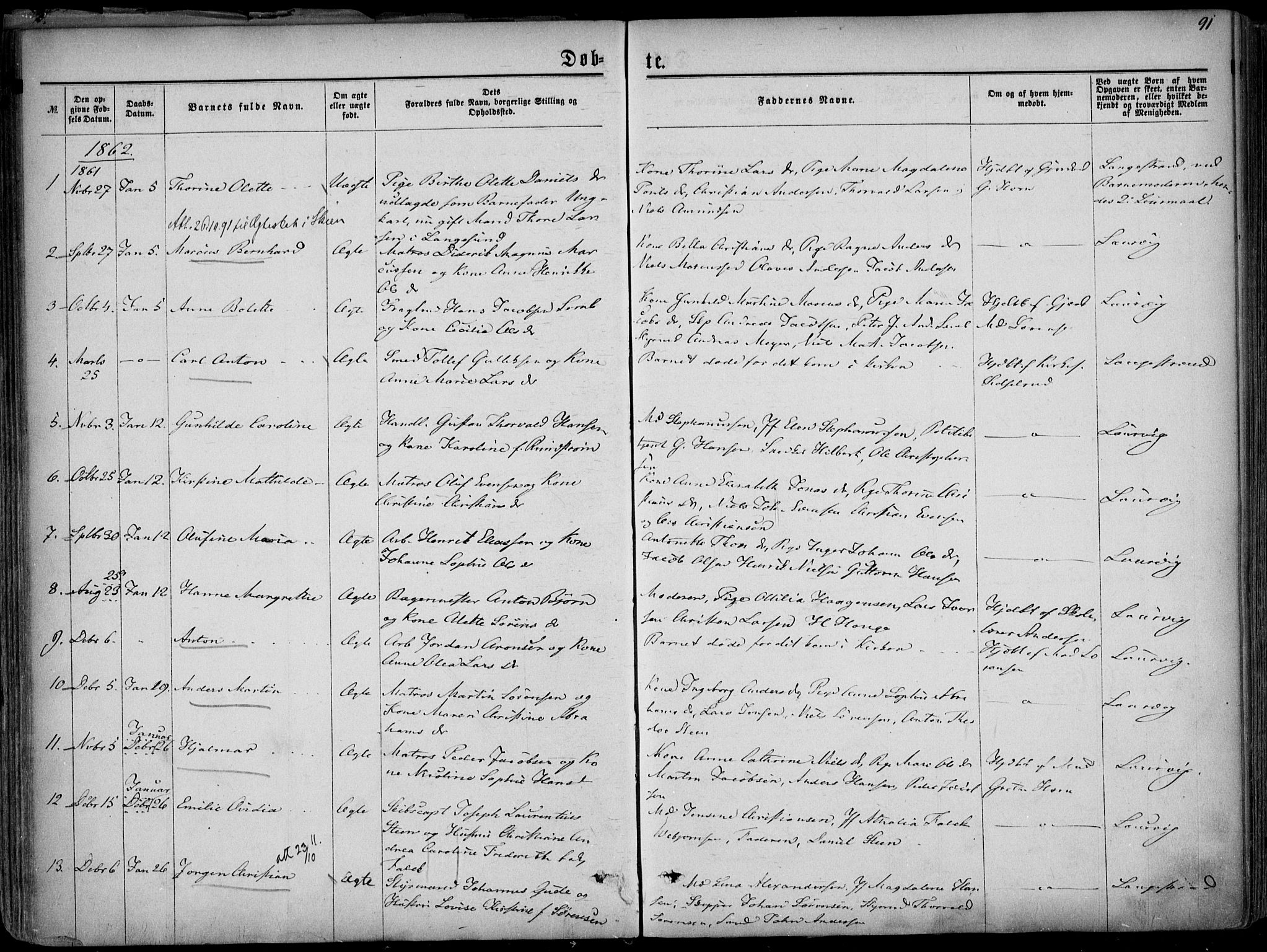 Larvik kirkebøker, AV/SAKO-A-352/F/Fa/L0004: Parish register (official) no. I 4, 1856-1870, p. 91