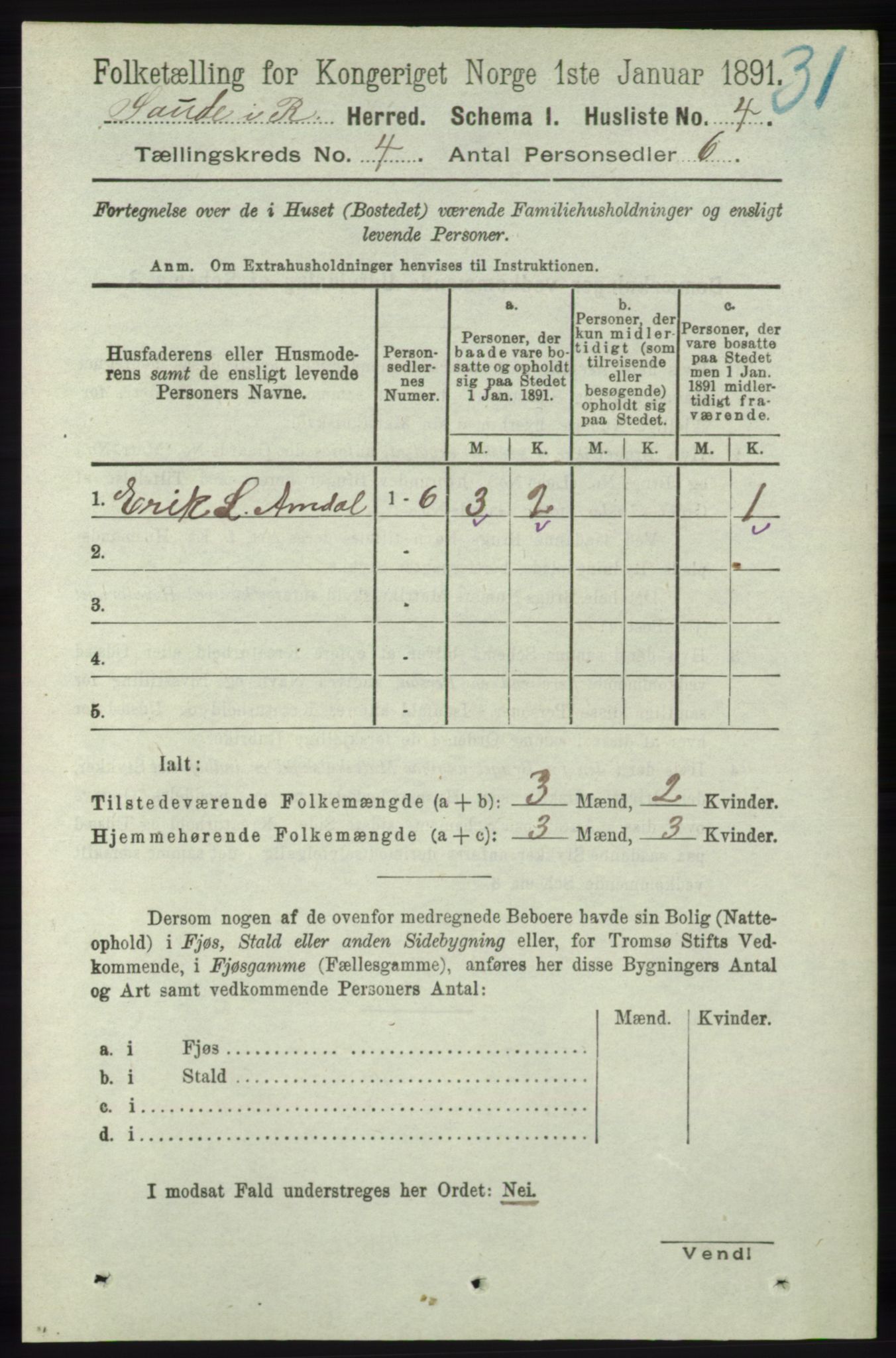 RA, 1891 census for 1135 Sauda, 1891, p. 1744