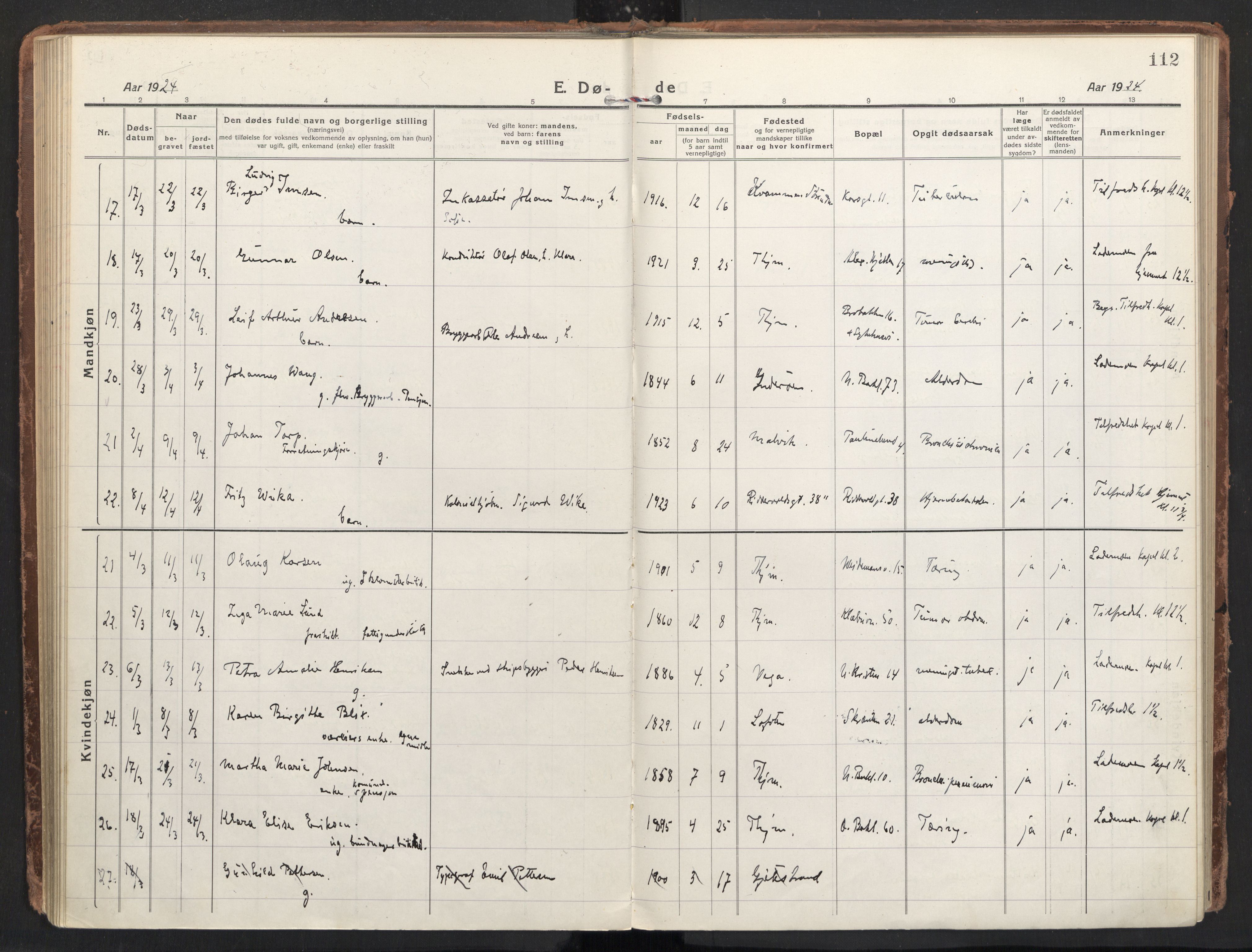 Ministerialprotokoller, klokkerbøker og fødselsregistre - Sør-Trøndelag, AV/SAT-A-1456/604/L0207: Parish register (official) no. 604A27, 1917-1933, p. 112