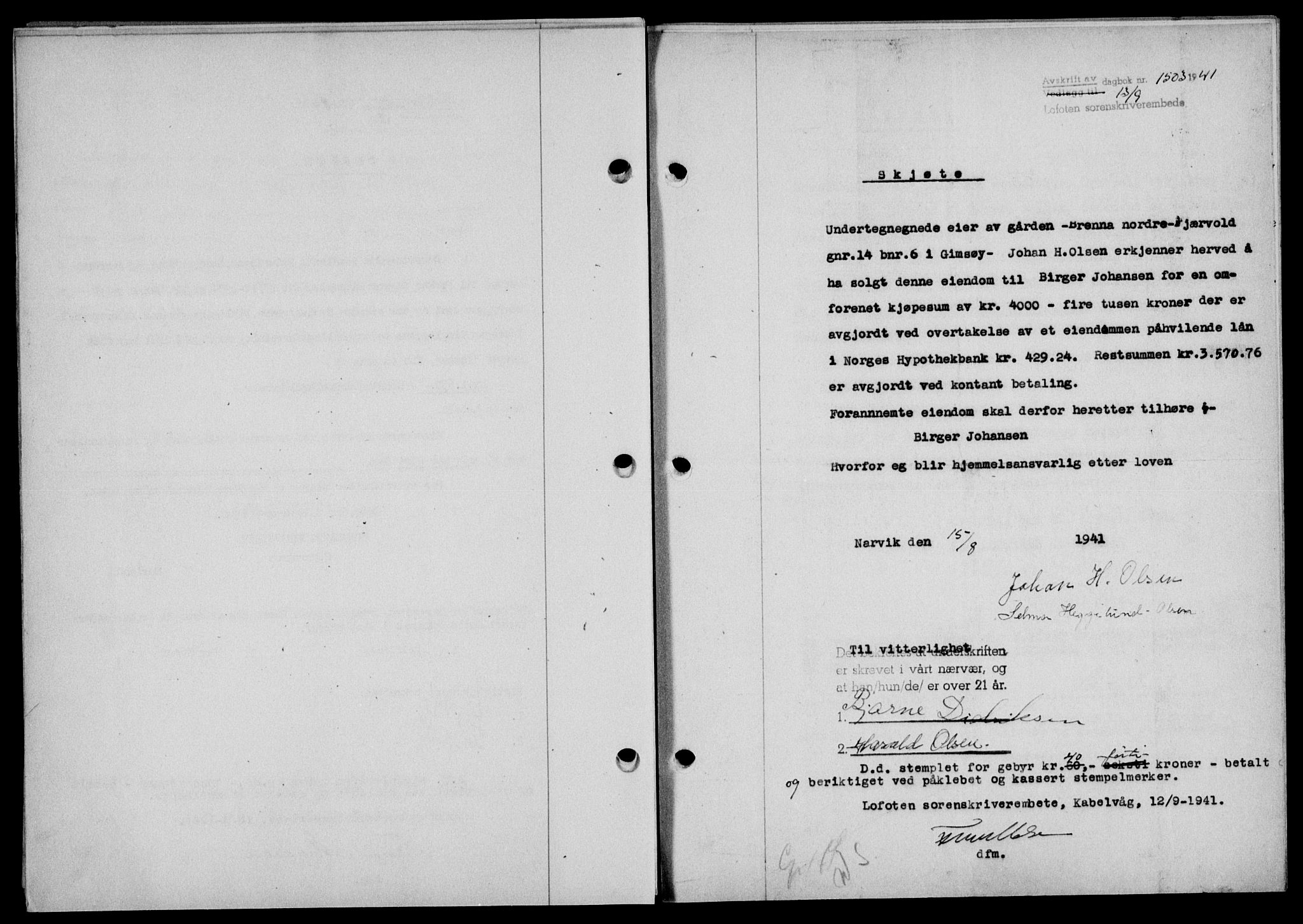 Lofoten sorenskriveri, SAT/A-0017/1/2/2C/L0008a: Mortgage book no. 8a, 1940-1941, Diary no: : 1503/1941