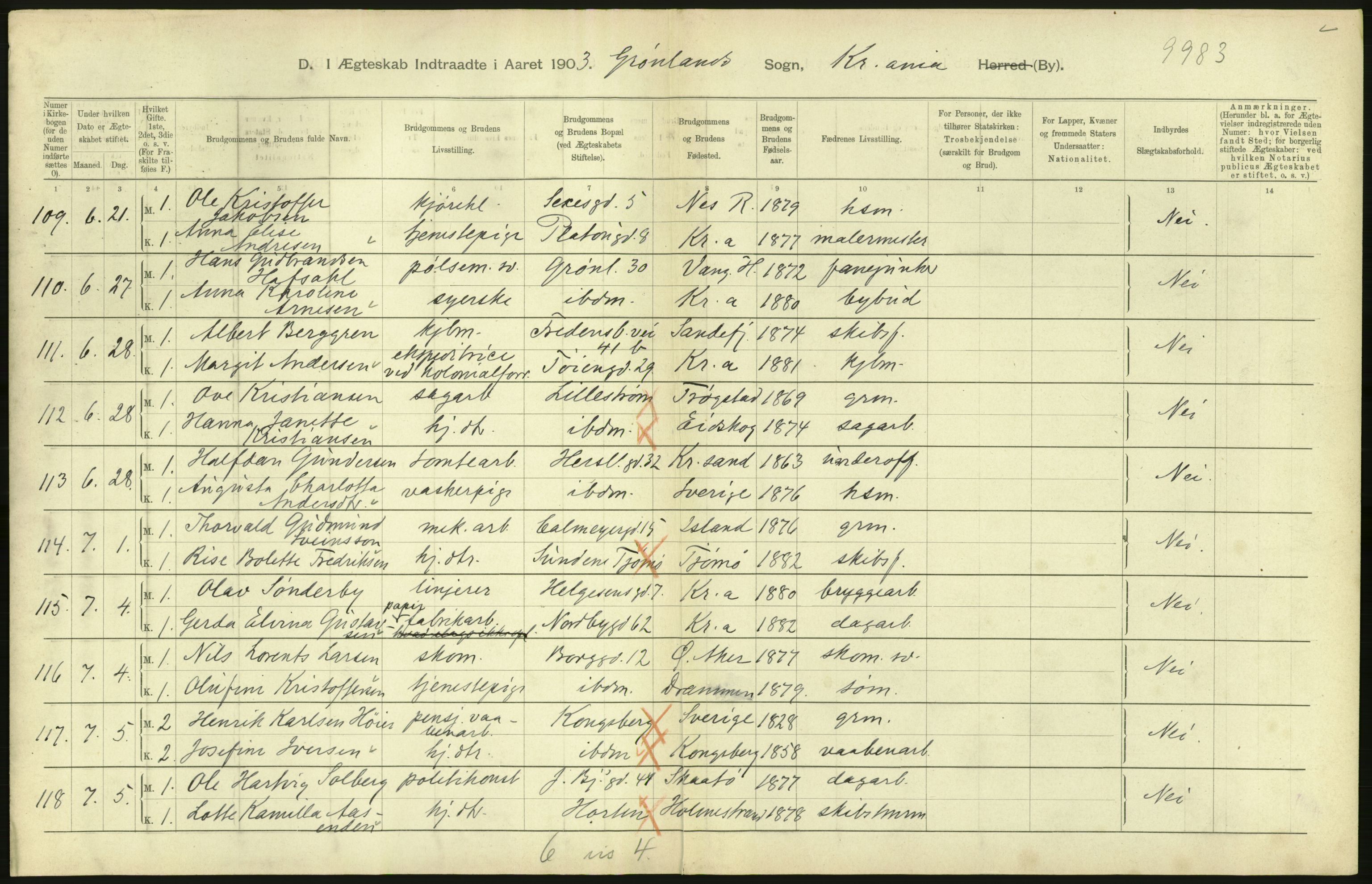 Statistisk sentralbyrå, Sosiodemografiske emner, Befolkning, AV/RA-S-2228/D/Df/Dfa/Dfaa/L0004: Kristiania: Gifte, døde, 1903, p. 450