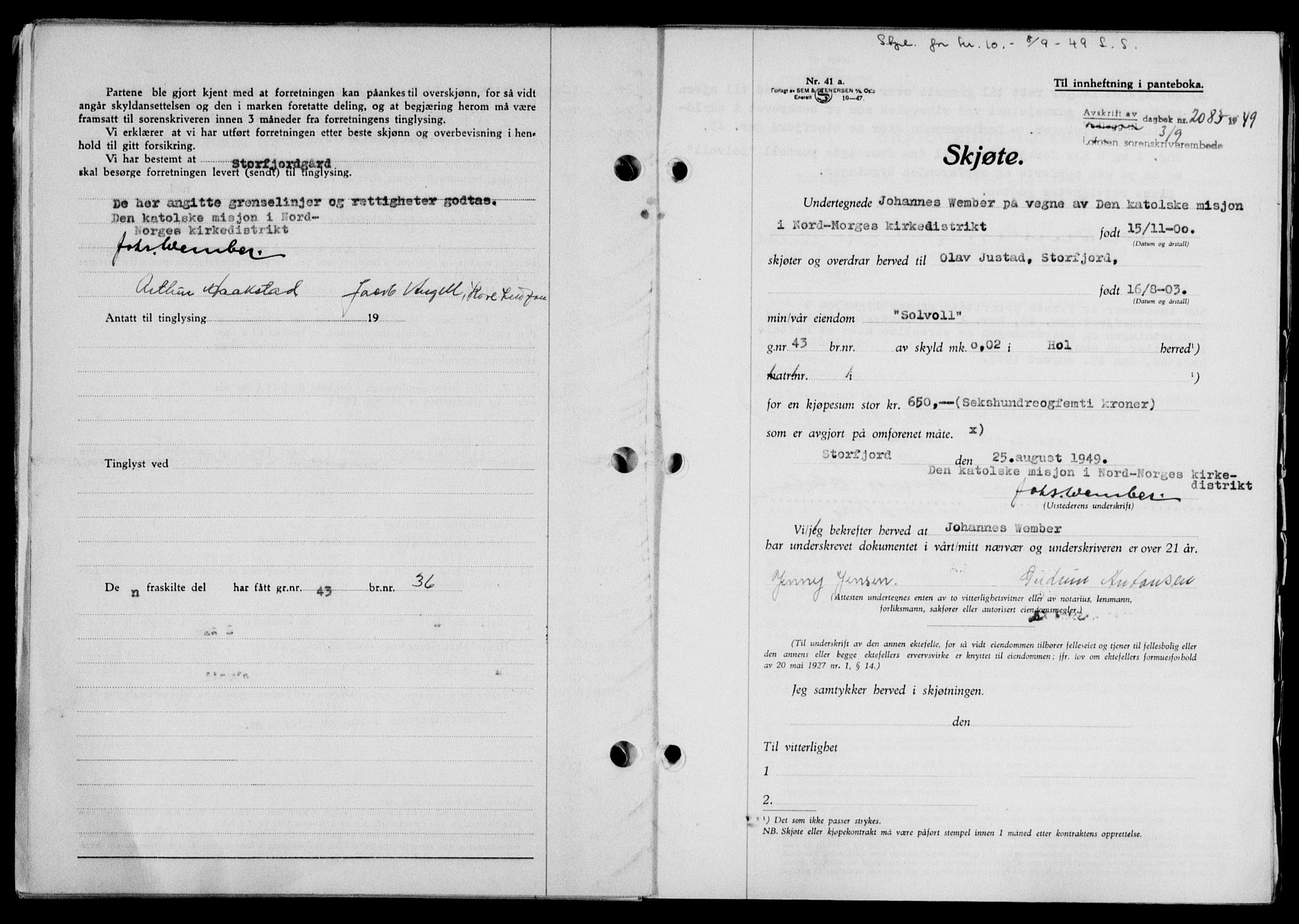 Lofoten sorenskriveri, SAT/A-0017/1/2/2C/L0021a: Mortgage book no. 21a, 1949-1949, Diary no: : 2083/1949