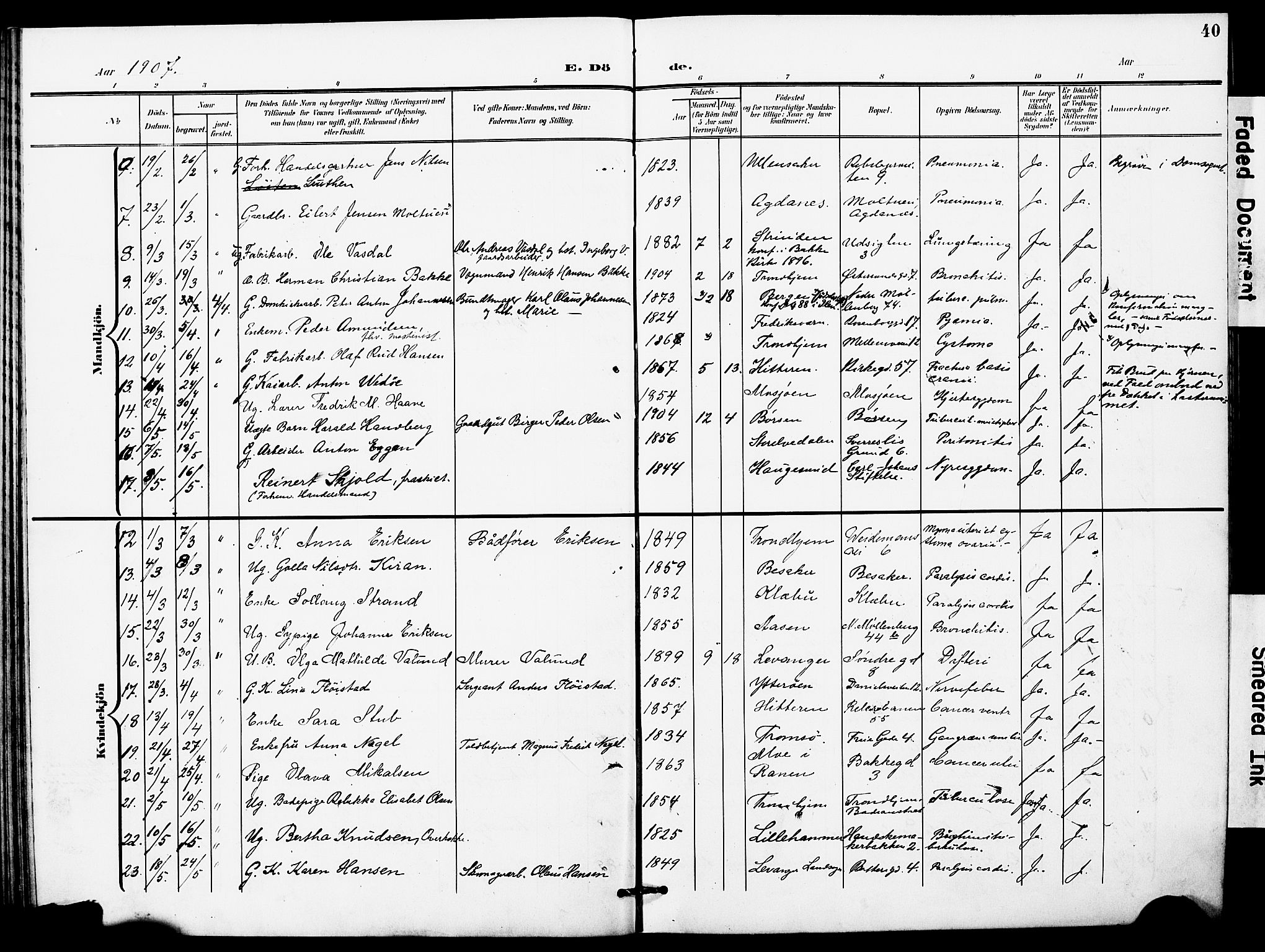 Ministerialprotokoller, klokkerbøker og fødselsregistre - Sør-Trøndelag, SAT/A-1456/628/L0483: Parish register (official) no. 628A01, 1902-1920, p. 40