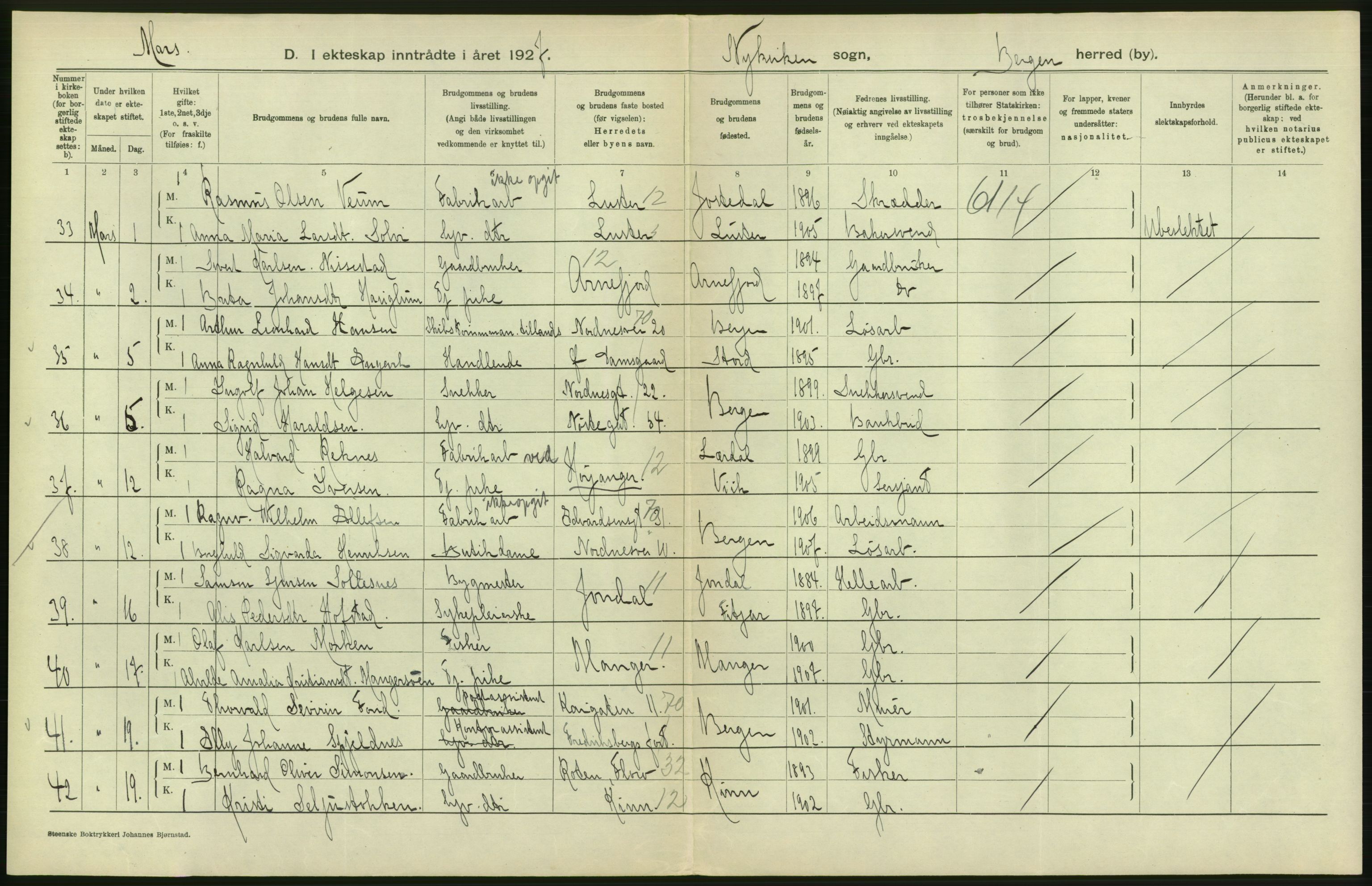 Statistisk sentralbyrå, Sosiodemografiske emner, Befolkning, AV/RA-S-2228/D/Df/Dfc/Dfcg/L0028: Bergen: Gifte, døde., 1927, p. 104