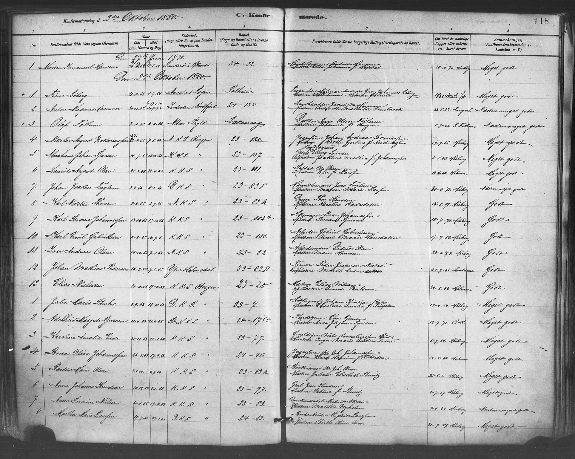 Mariakirken Sokneprestembete, AV/SAB-A-76901/H/Haa/L0007: Parish register (official) no. A 7, 1878-1893, p. 118