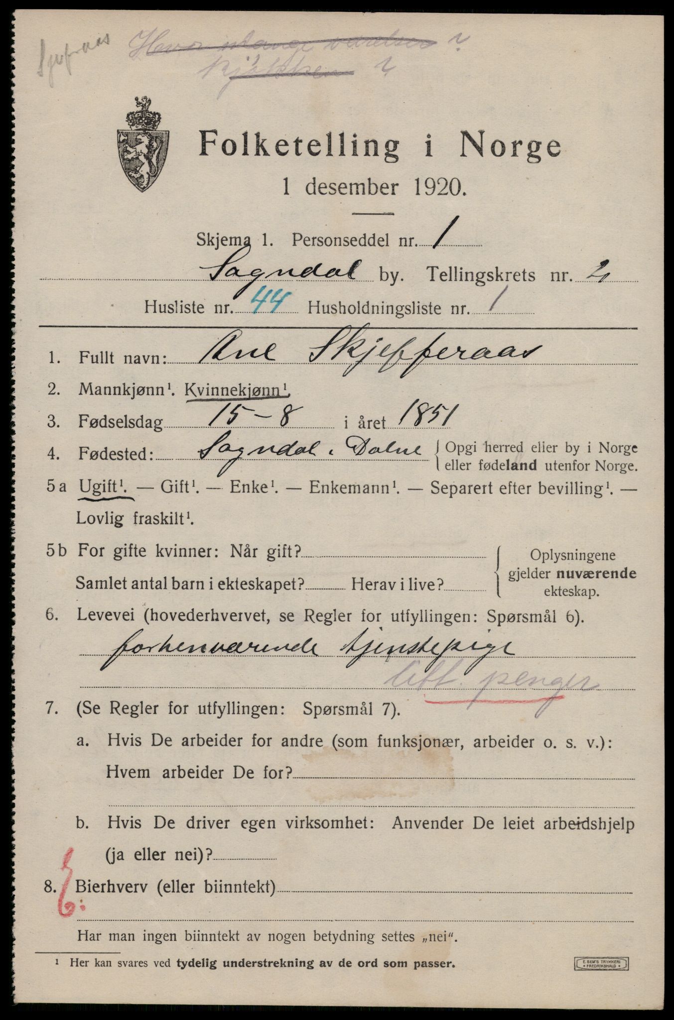 SAST, 1920 census for Sokndal town, 1920, p. 909