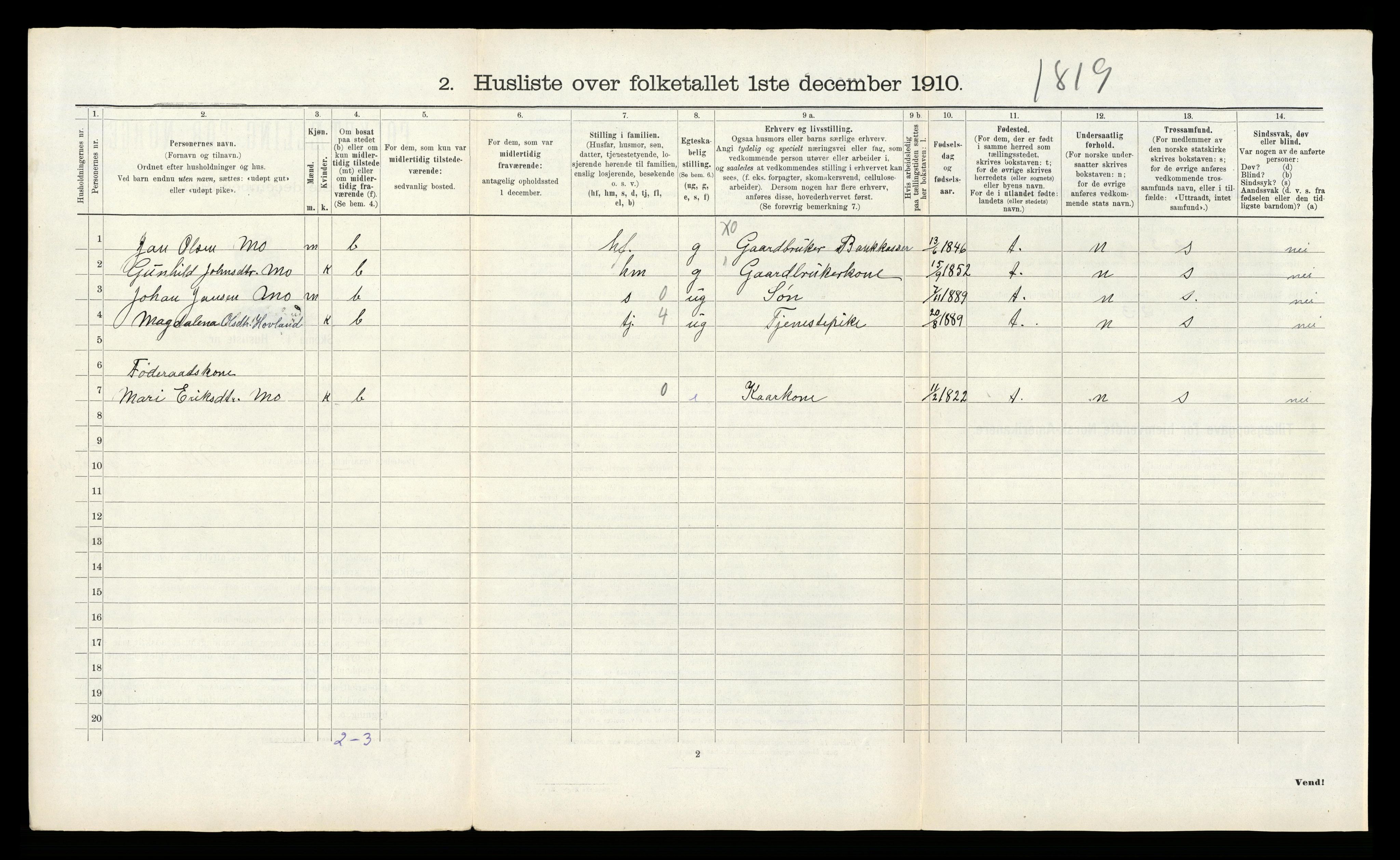 RA, 1910 census for Kvam, 1910, p. 718