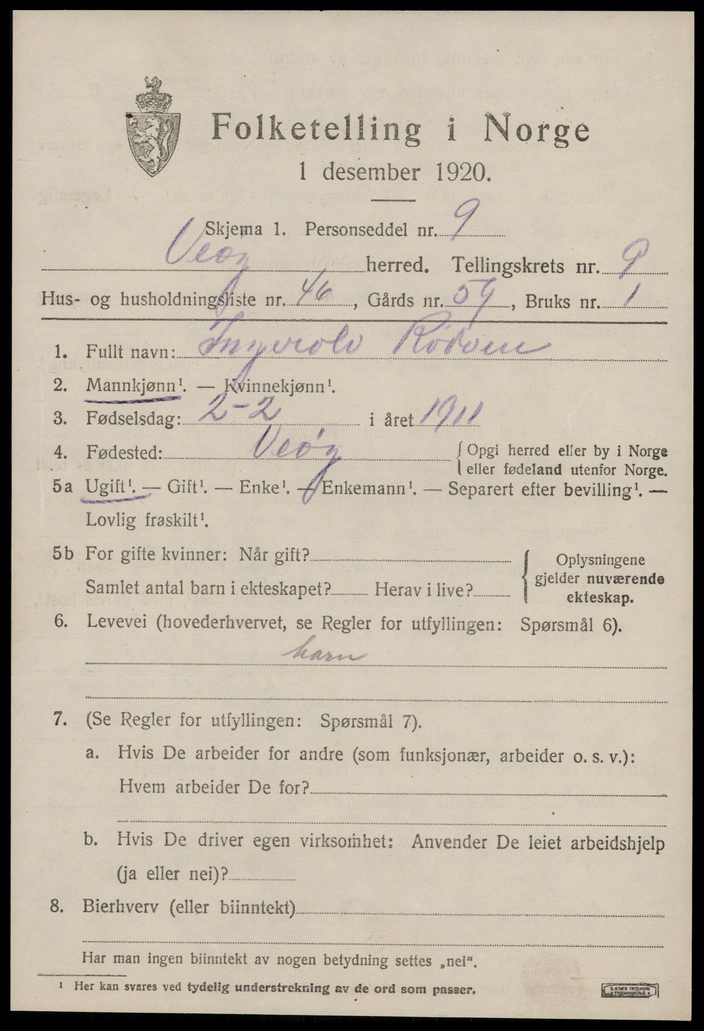 SAT, 1920 census for Veøy, 1920, p. 4711