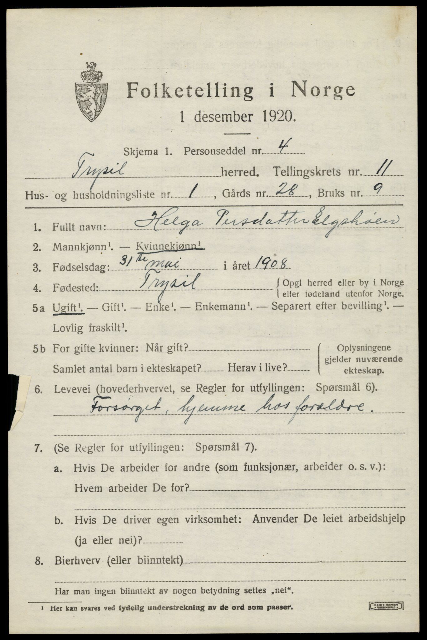 SAH, 1920 census for Trysil, 1920, p. 6963