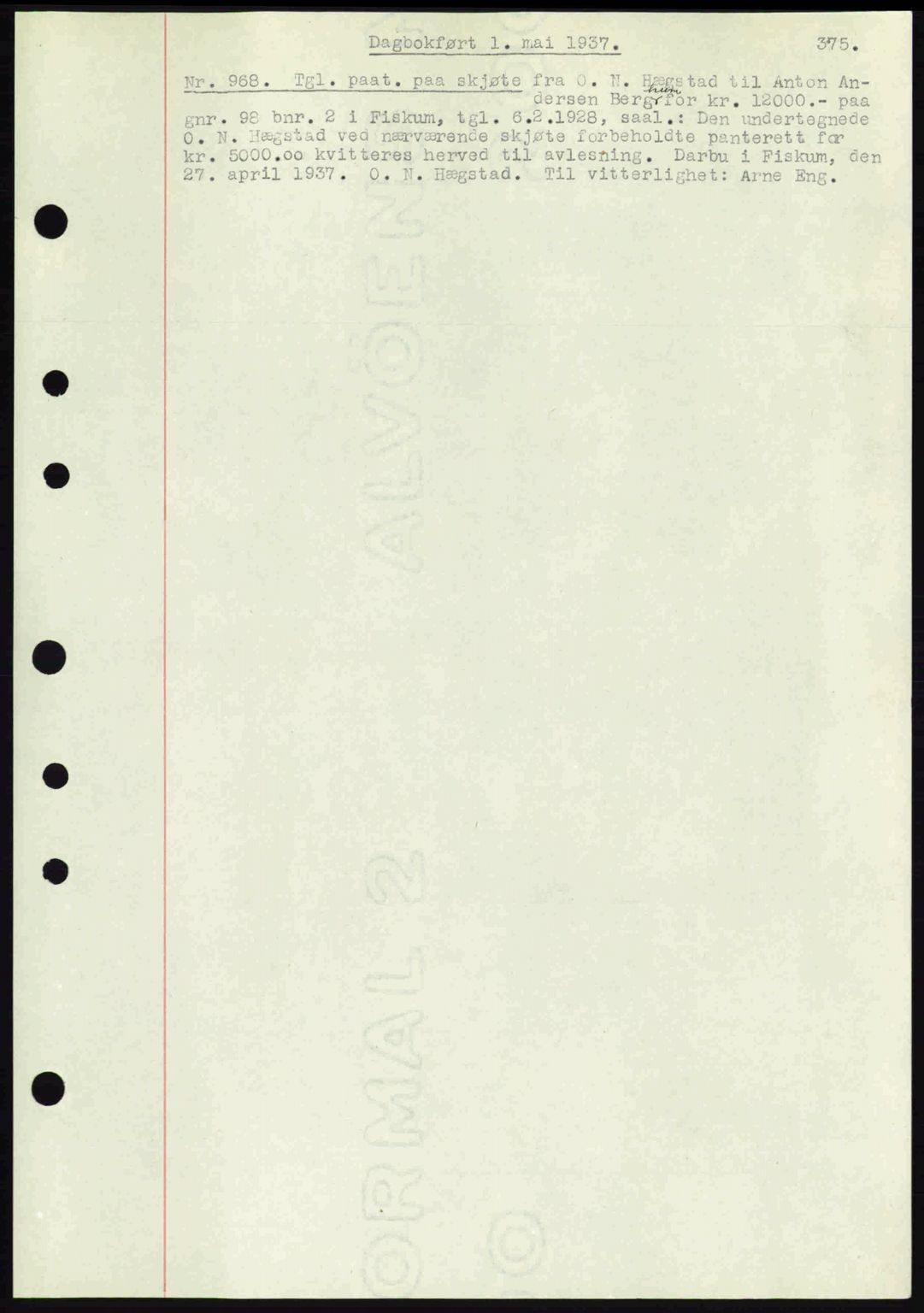 Eiker, Modum og Sigdal sorenskriveri, SAKO/A-123/G/Ga/Gab/L0035: Mortgage book no. A5, 1937-1937, Diary no: : 968/1937