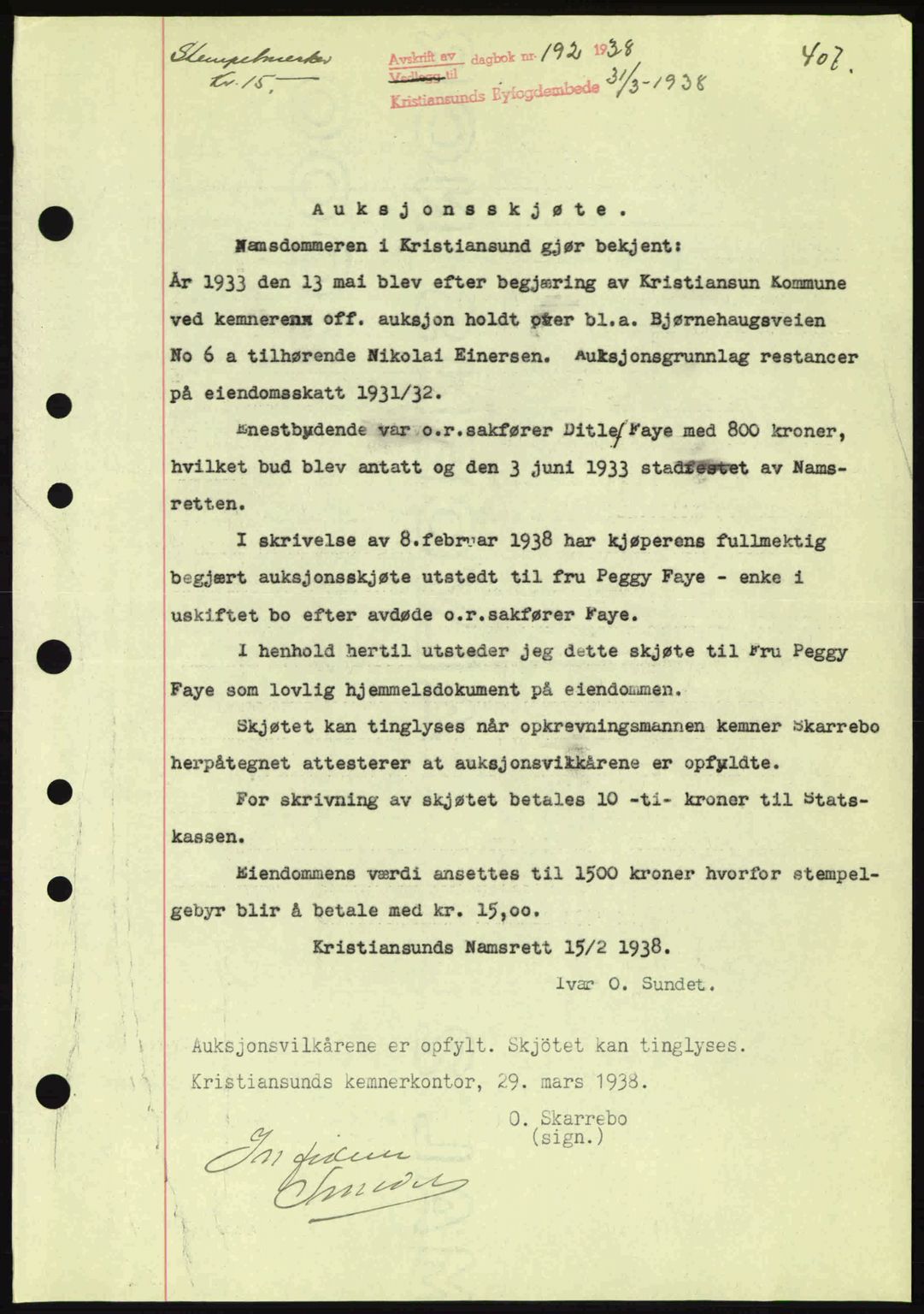 Kristiansund byfogd, AV/SAT-A-4587/A/27: Mortgage book no. 30, 1936-1941, Diary no: : 192/1938