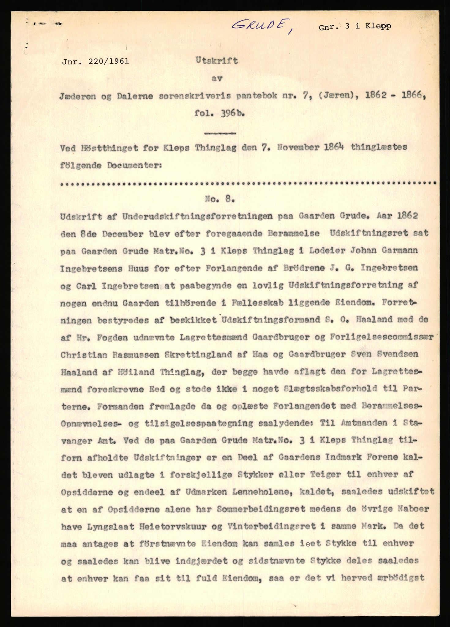 Statsarkivet i Stavanger, AV/SAST-A-101971/03/Y/Yj/L0027: Avskrifter sortert etter gårdsnavn: Gravdal - Grøtteland, 1750-1930, p. 203