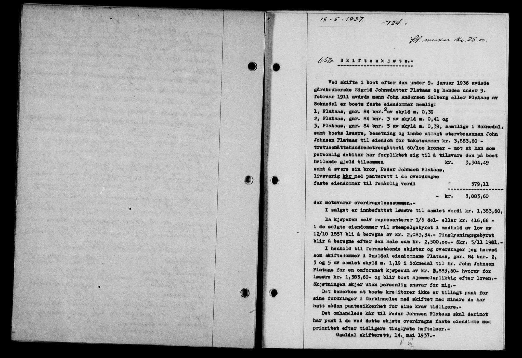 Gauldal sorenskriveri, SAT/A-0014/1/2/2C/L0047: Mortgage book no. 50-51, 1937-1937, Diary no: : 656/1937