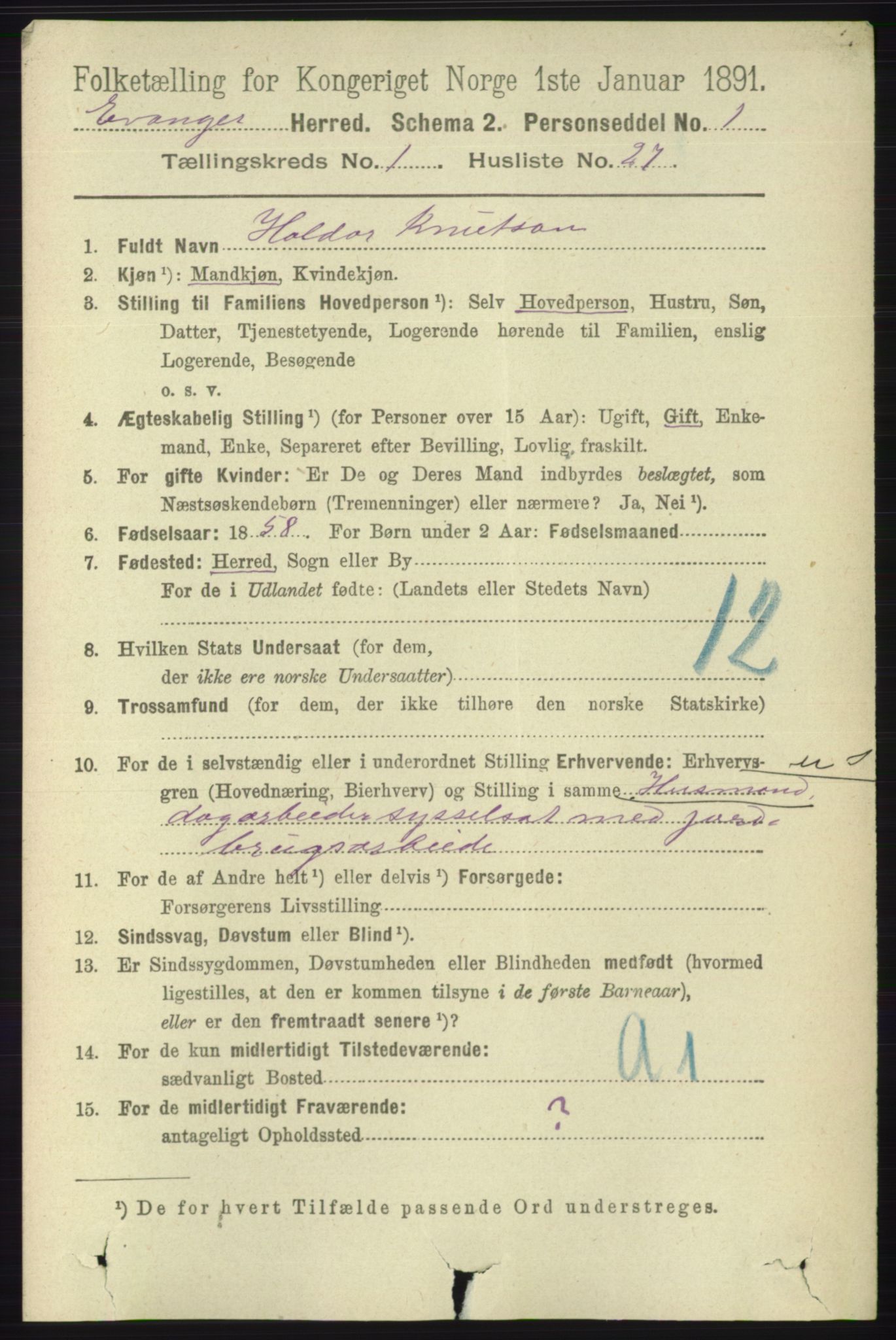 RA, 1891 census for 1237 Evanger, 1891, p. 249