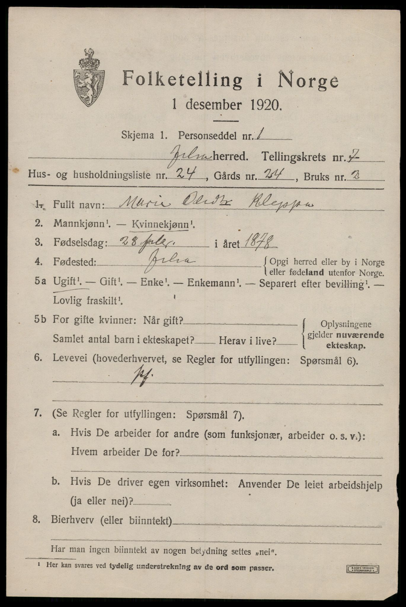 SAST, 1920 census for Jelsa, 1920, p. 2140