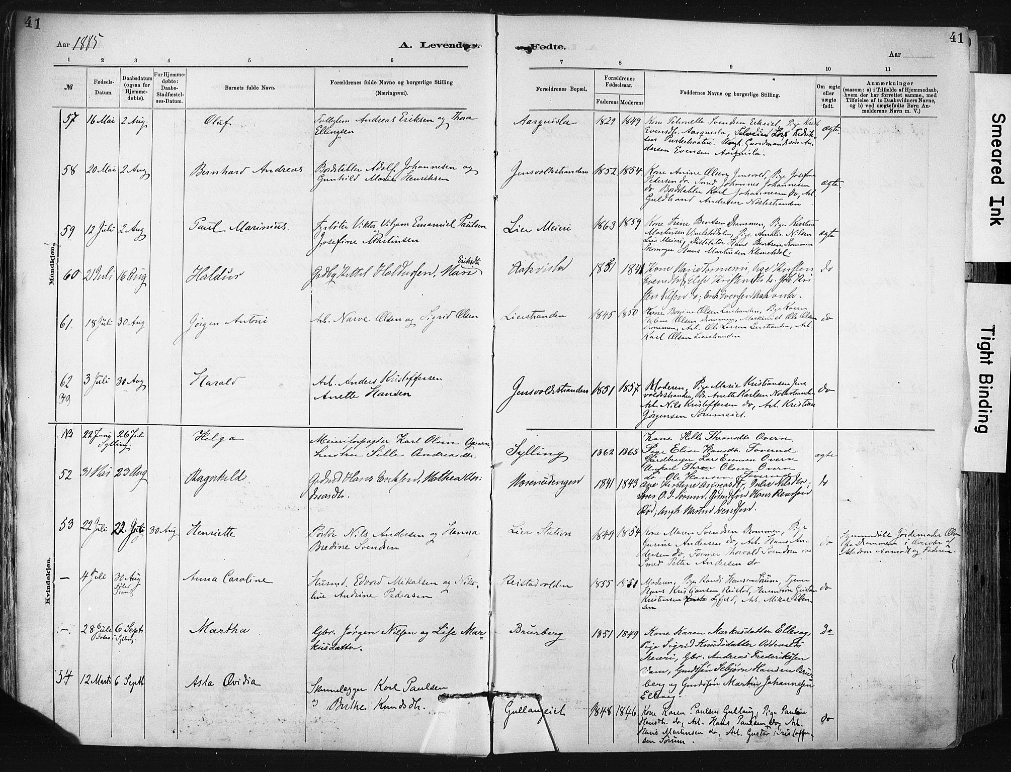 Lier kirkebøker, AV/SAKO-A-230/F/Fa/L0015: Parish register (official) no. I 15, 1883-1894, p. 41