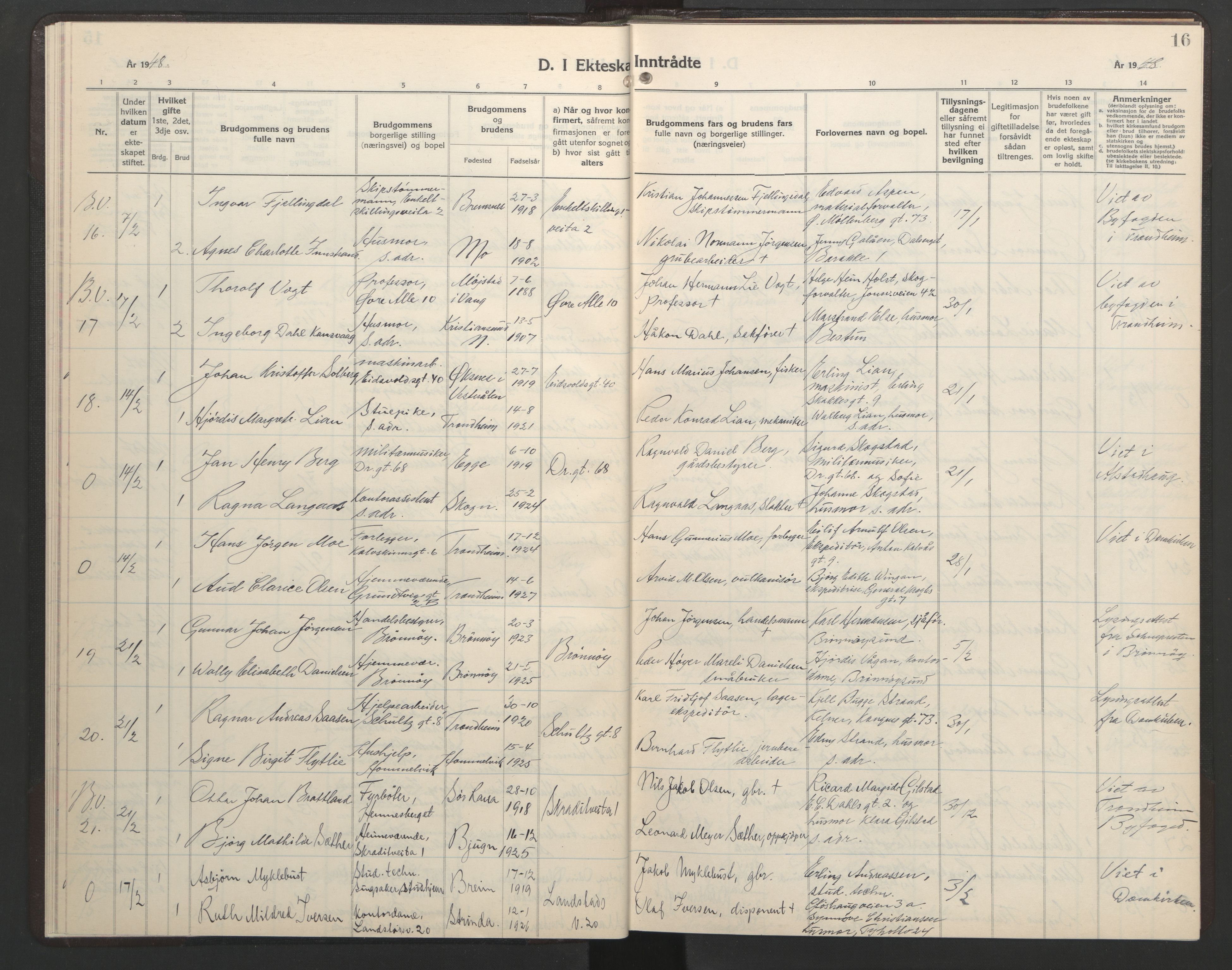 Ministerialprotokoller, klokkerbøker og fødselsregistre - Sør-Trøndelag, AV/SAT-A-1456/602/L0155: Parish register (copy) no. 602C23, 1947-1950, p. 16