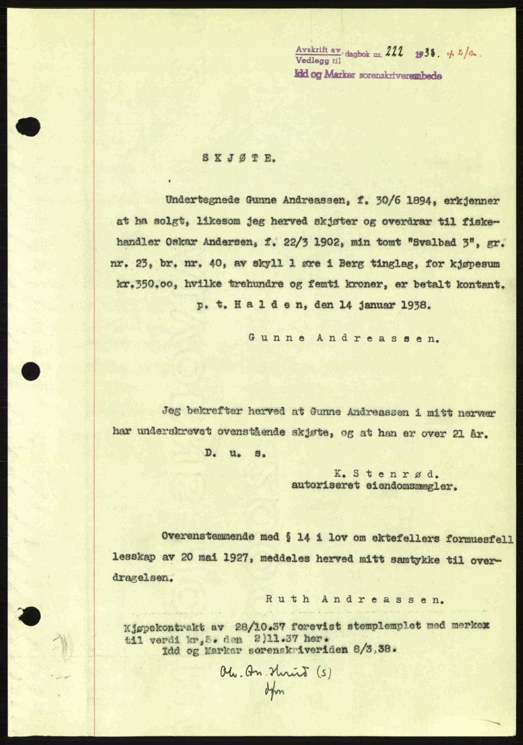 Idd og Marker sorenskriveri, AV/SAO-A-10283/G/Gb/Gbb/L0002: Mortgage book no. A2, 1937-1938, Diary no: : 222/1938