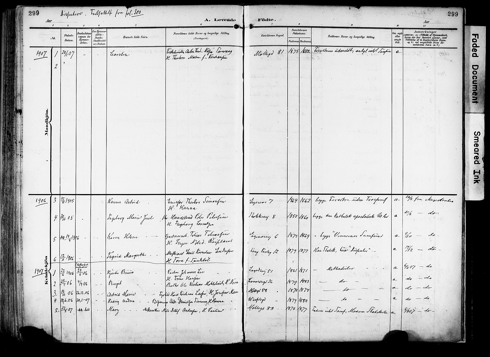 Domkirken sokneprestkontor, AV/SAST-A-101812/001/30/30BA/L0033: Parish register (official) no. A 32, 1903-1915, p. 299