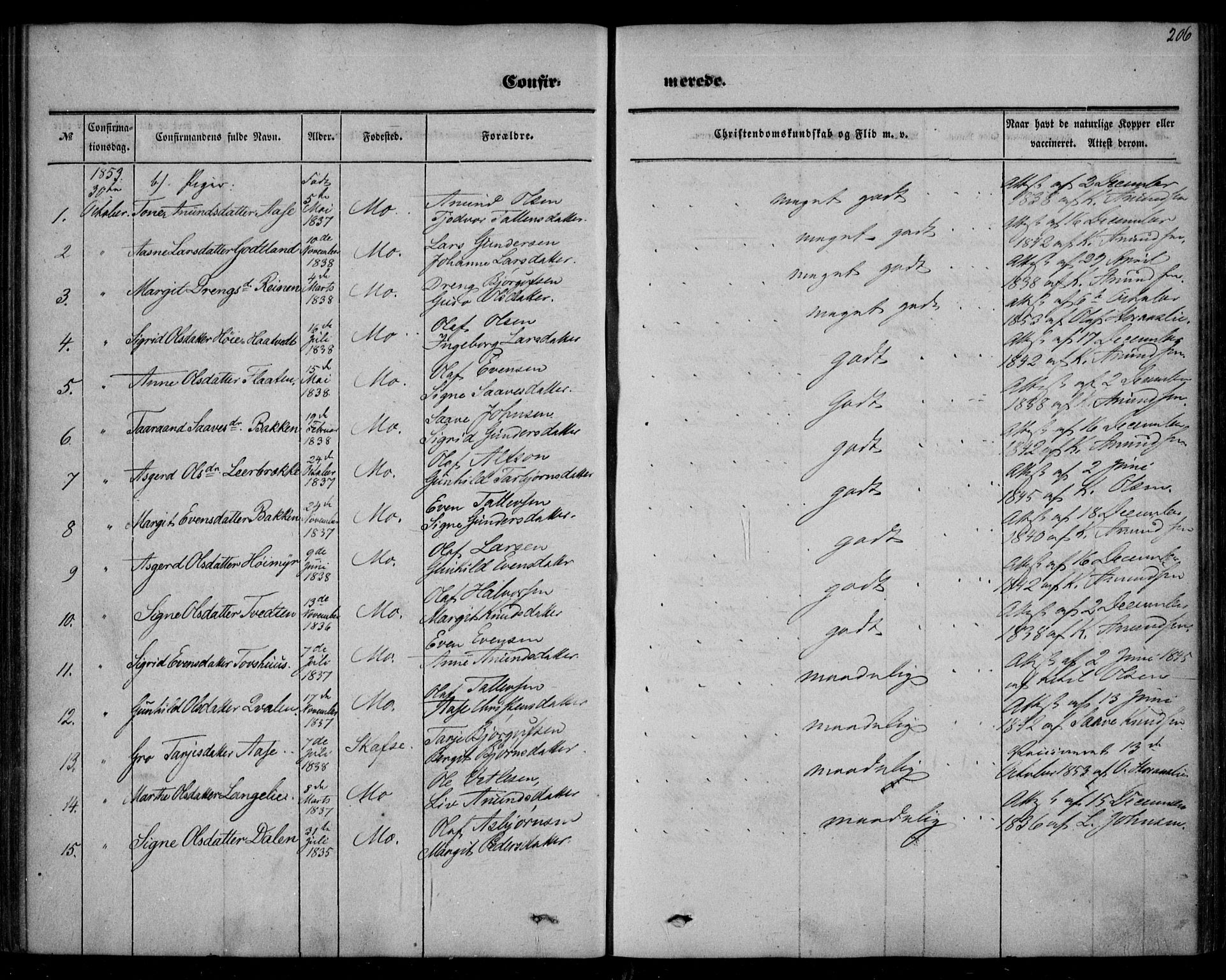 Mo kirkebøker, SAKO/A-286/F/Fa/L0005: Parish register (official) no. I 5, 1844-1864, p. 206