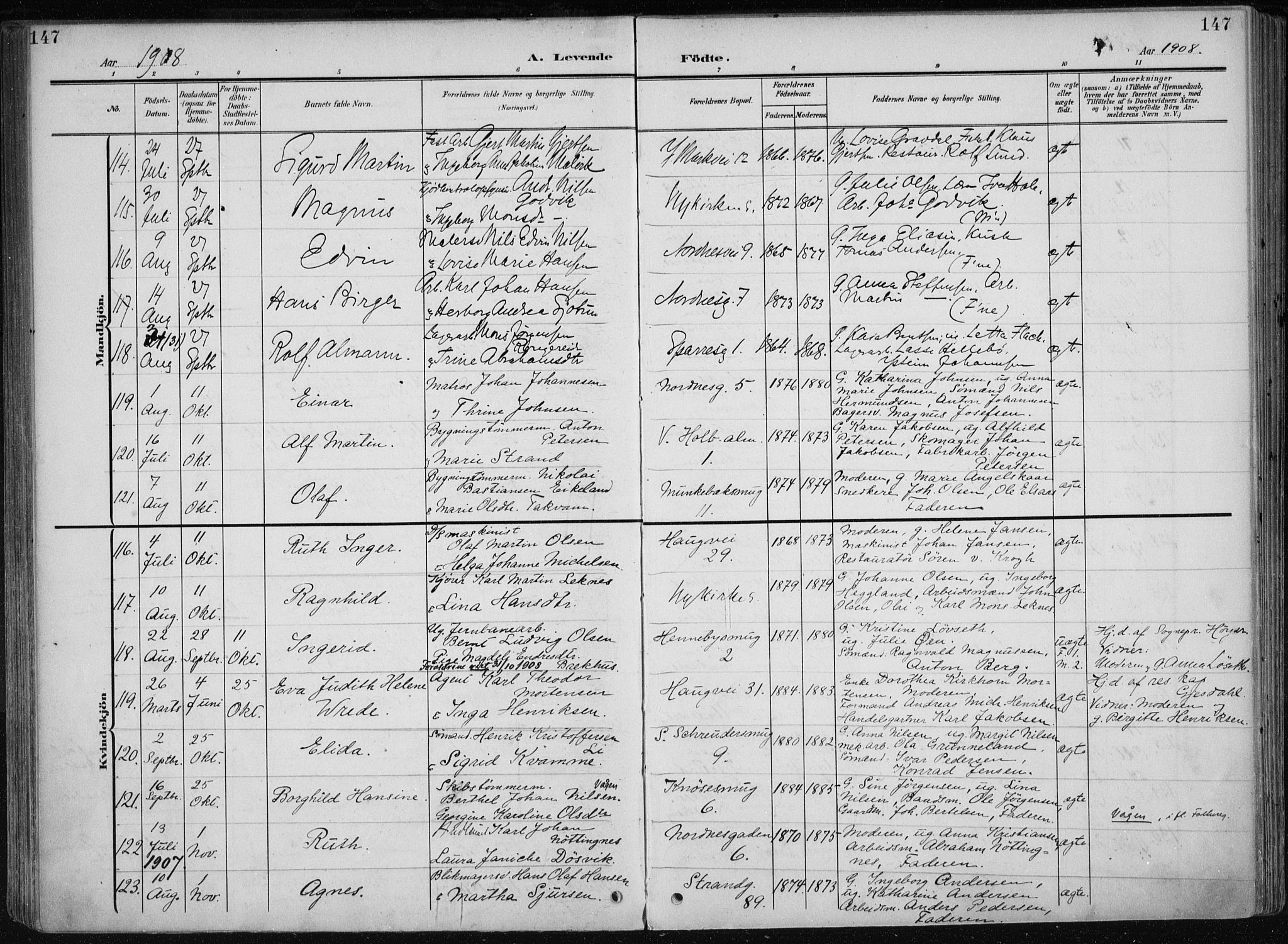 Nykirken Sokneprestembete, AV/SAB-A-77101/H/Haa/L0019: Parish register (official) no. B 7, 1904-1916, p. 147