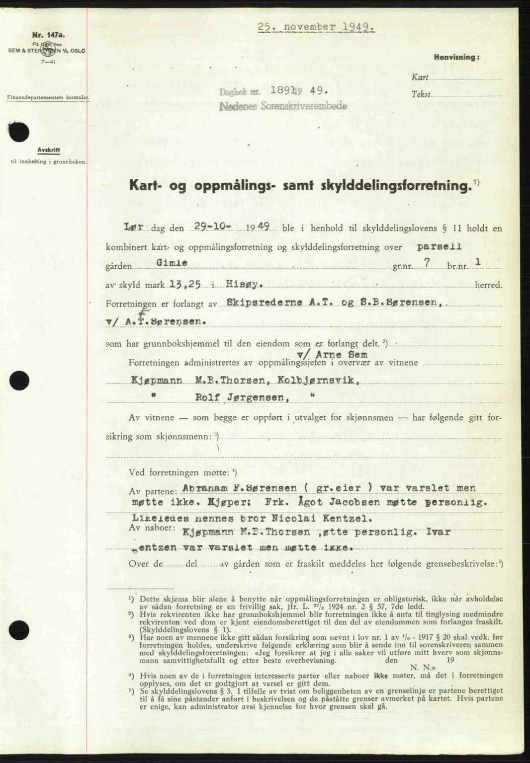 Nedenes sorenskriveri, SAK/1221-0006/G/Gb/Gba/L0061: Mortgage book no. A13, 1949-1949, Diary no: : 1891/1949
