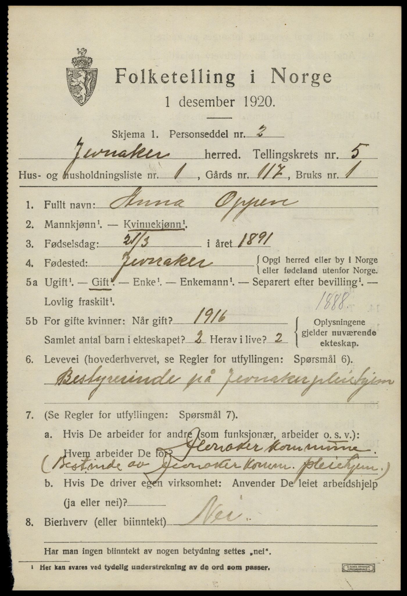 SAH, 1920 census for Jevnaker, 1920, p. 7773