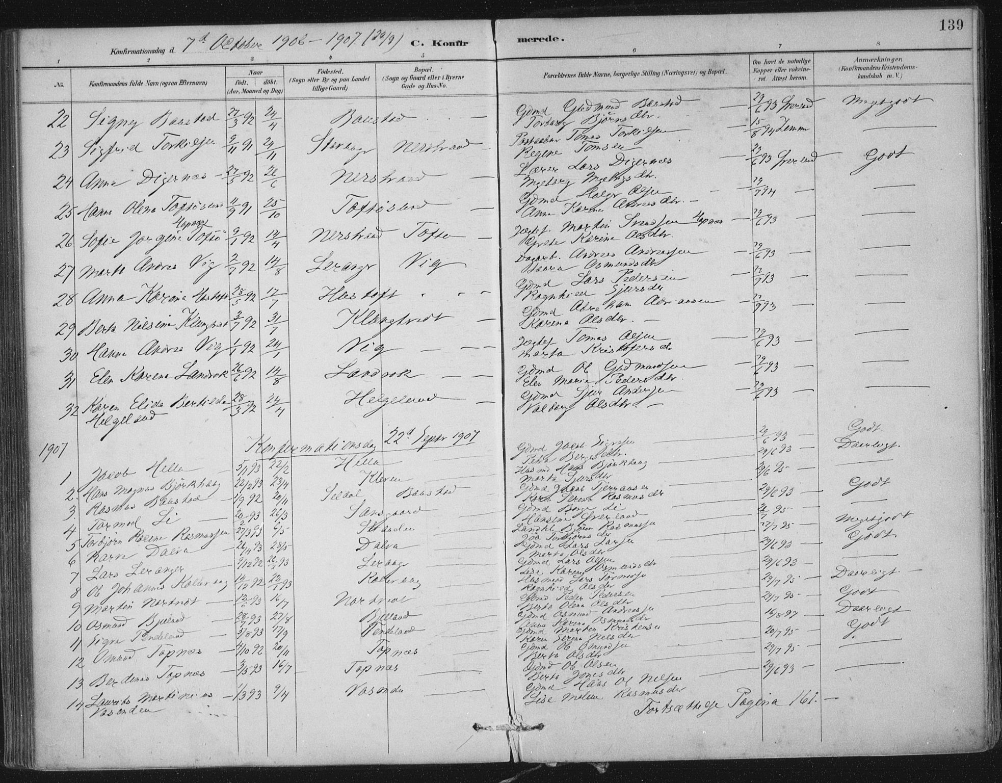 Nedstrand sokneprestkontor, SAST/A-101841/01/IV: Parish register (official) no. A 12, 1887-1915, p. 139