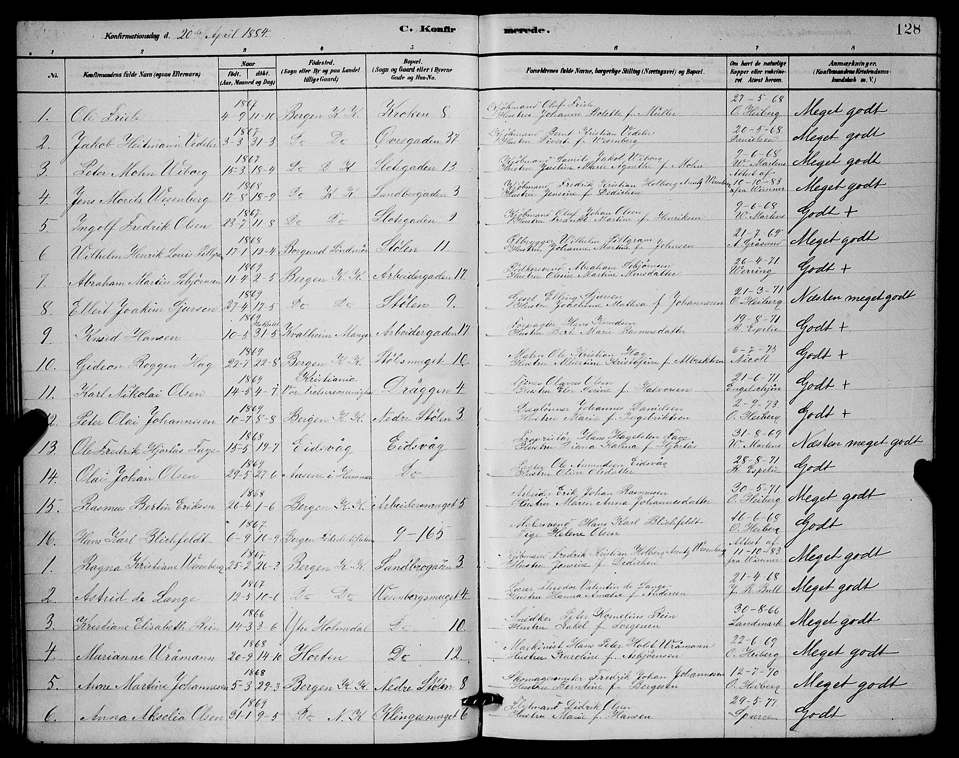 Mariakirken Sokneprestembete, AV/SAB-A-76901/H/Hab/L0004: Parish register (copy) no. A 4, 1878-1892, p. 128