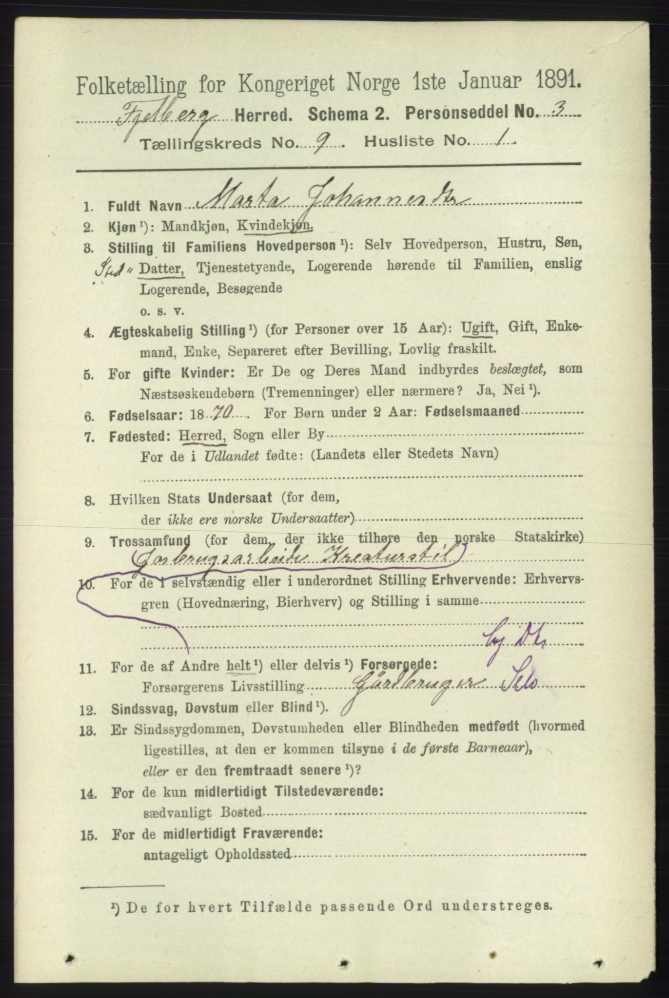 RA, 1891 census for 1213 Fjelberg, 1891, p. 3422