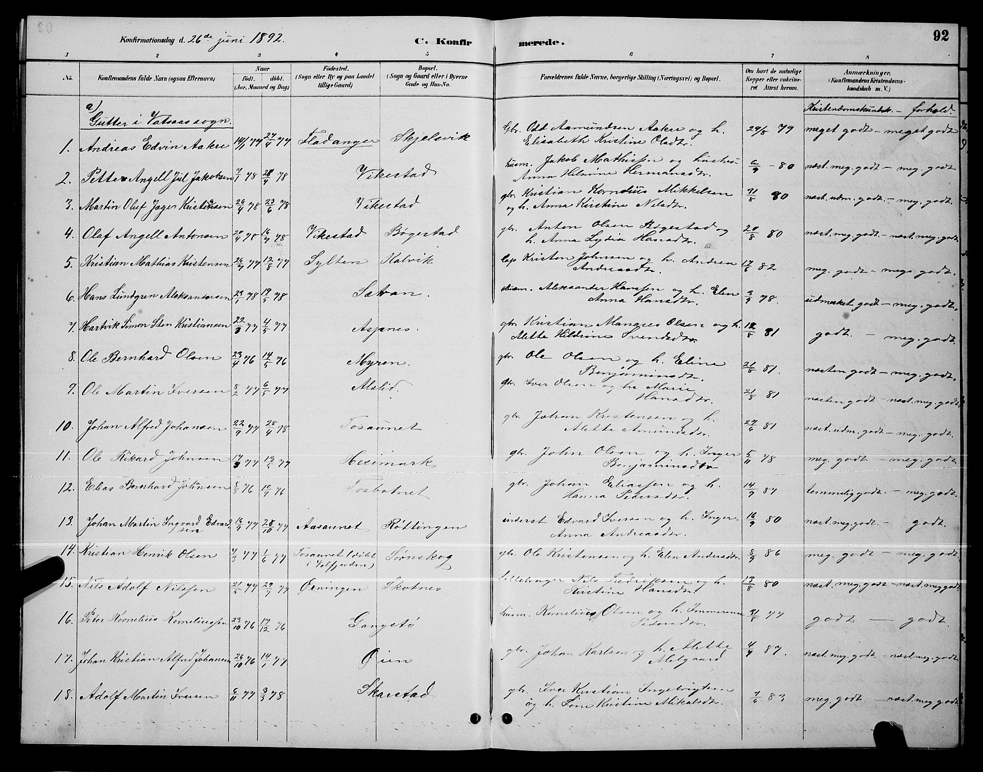 Ministerialprotokoller, klokkerbøker og fødselsregistre - Nordland, SAT/A-1459/810/L0160: Parish register (copy) no. 810C03, 1884-1896, p. 92