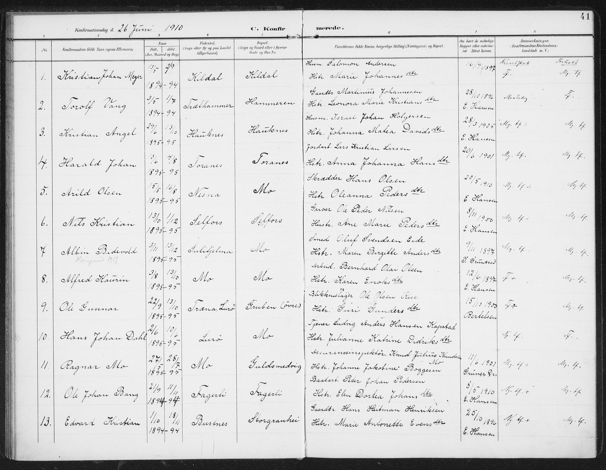 Ministerialprotokoller, klokkerbøker og fødselsregistre - Nordland, SAT/A-1459/827/L0403: Parish register (official) no. 827A15, 1903-1912, p. 41